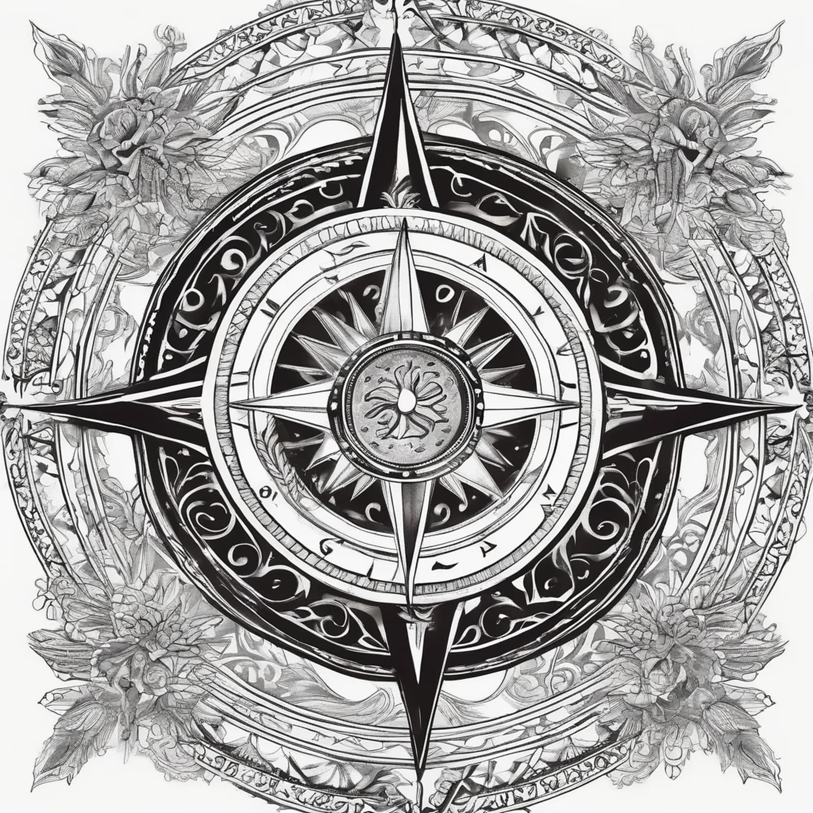 Compass And Sun tattoo design, alternative version 2