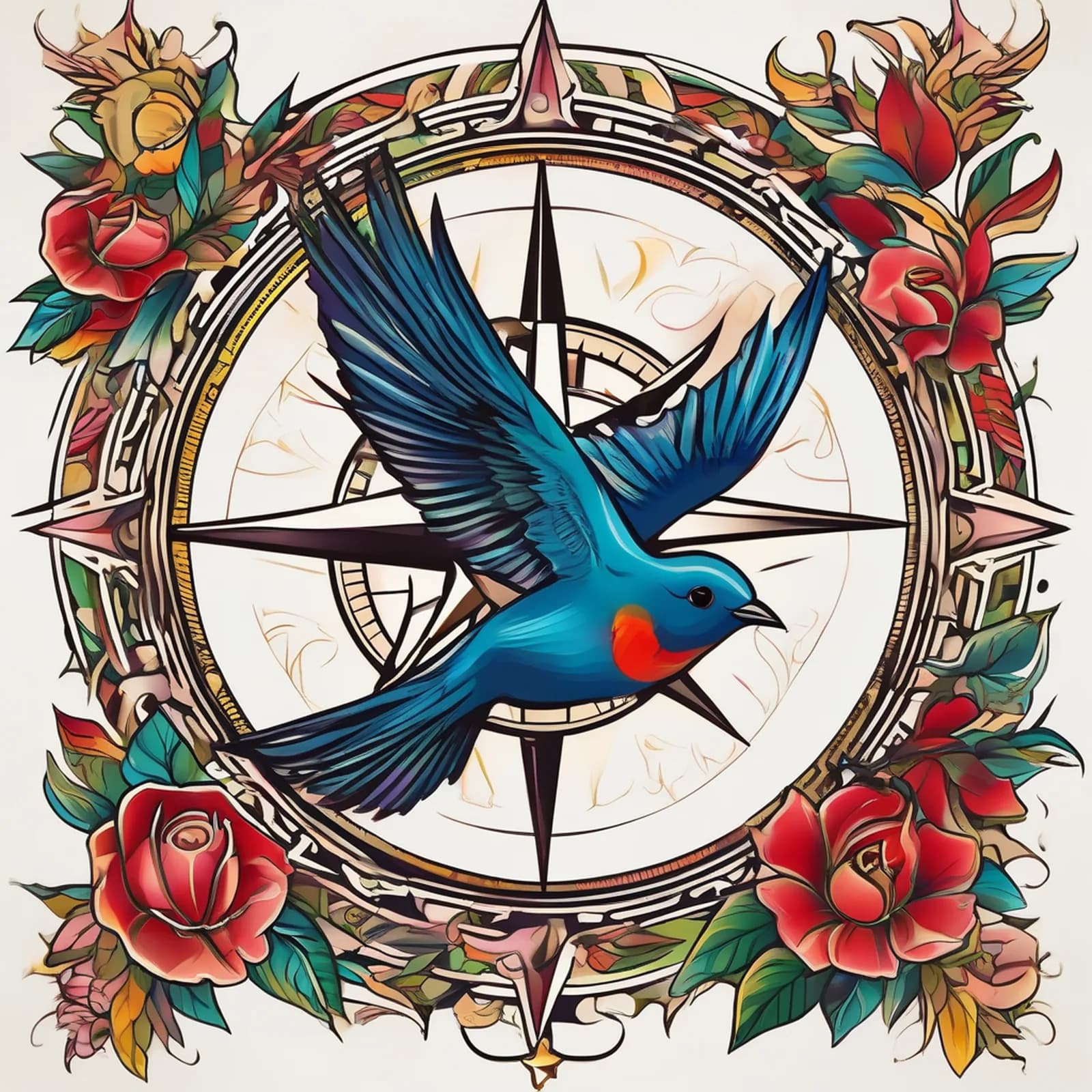 Compass And Swallow tattoo design, alternative version 2