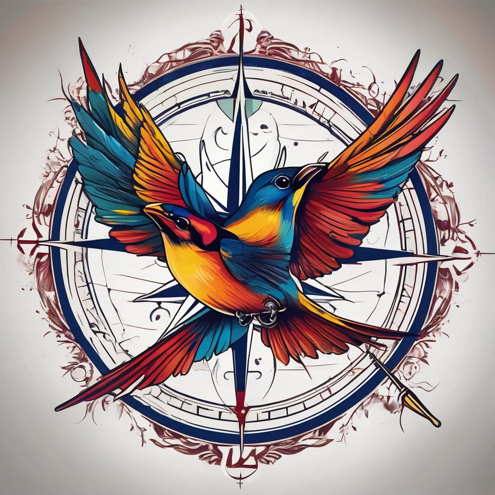 Compass And Swallow tattoo design, alternative version 4