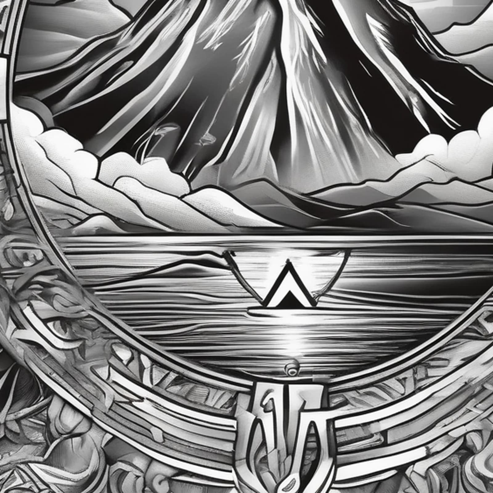 Compass And Volcano tattoo design, close-up detail