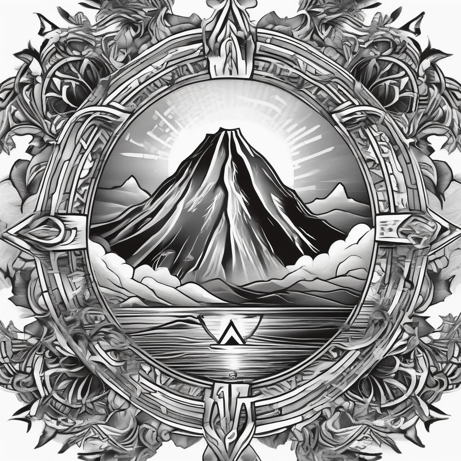 Compass And Volcano tattoo design