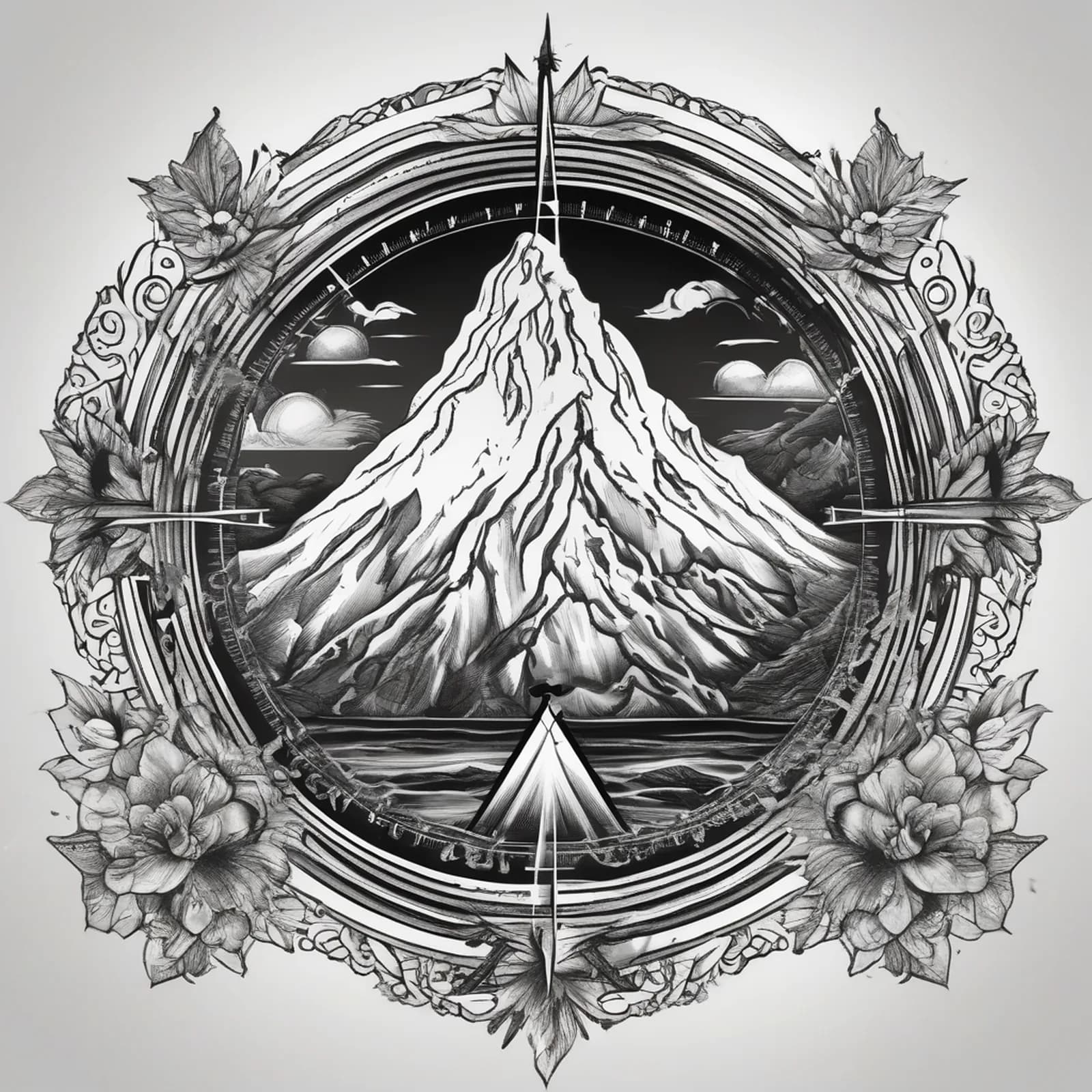 Compass And Volcano tattoo design, alternative version 2