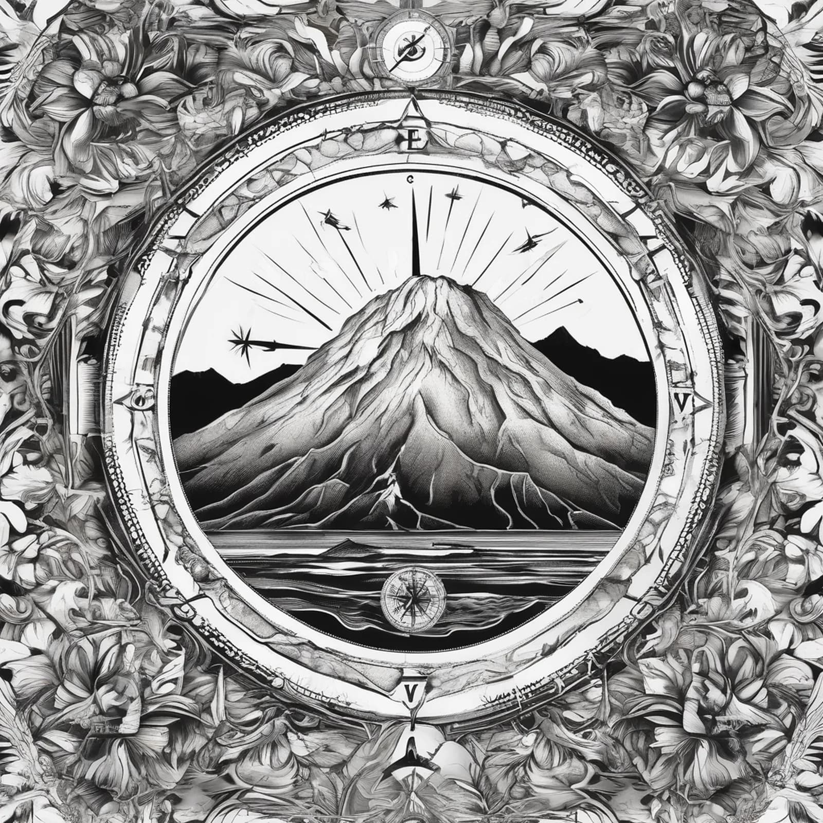 Compass And Volcano tattoo design, alternative version 3