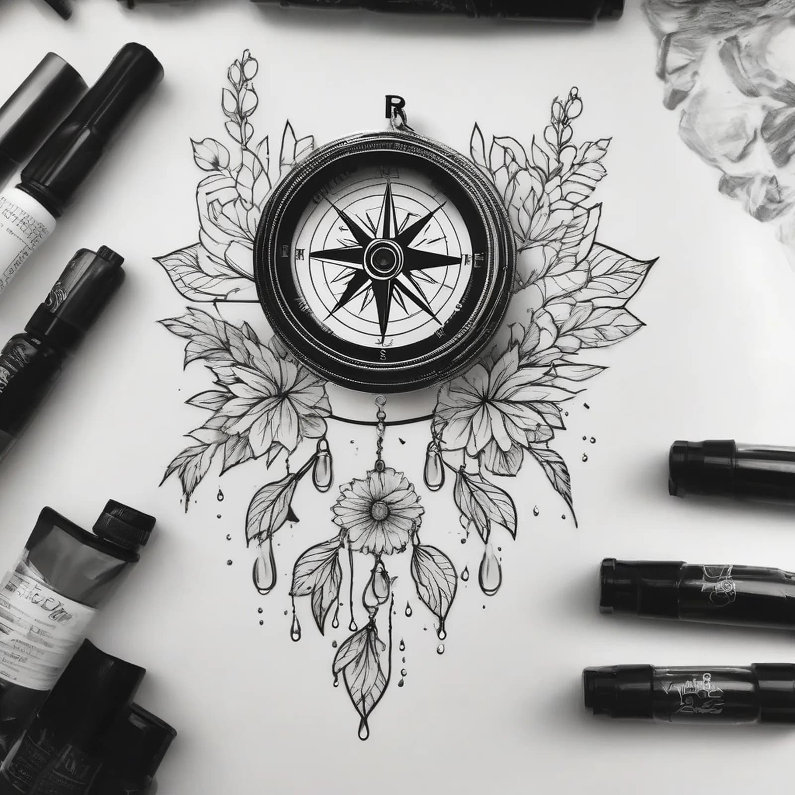 Compass And Water Drop tattoo design, alternative version 3
