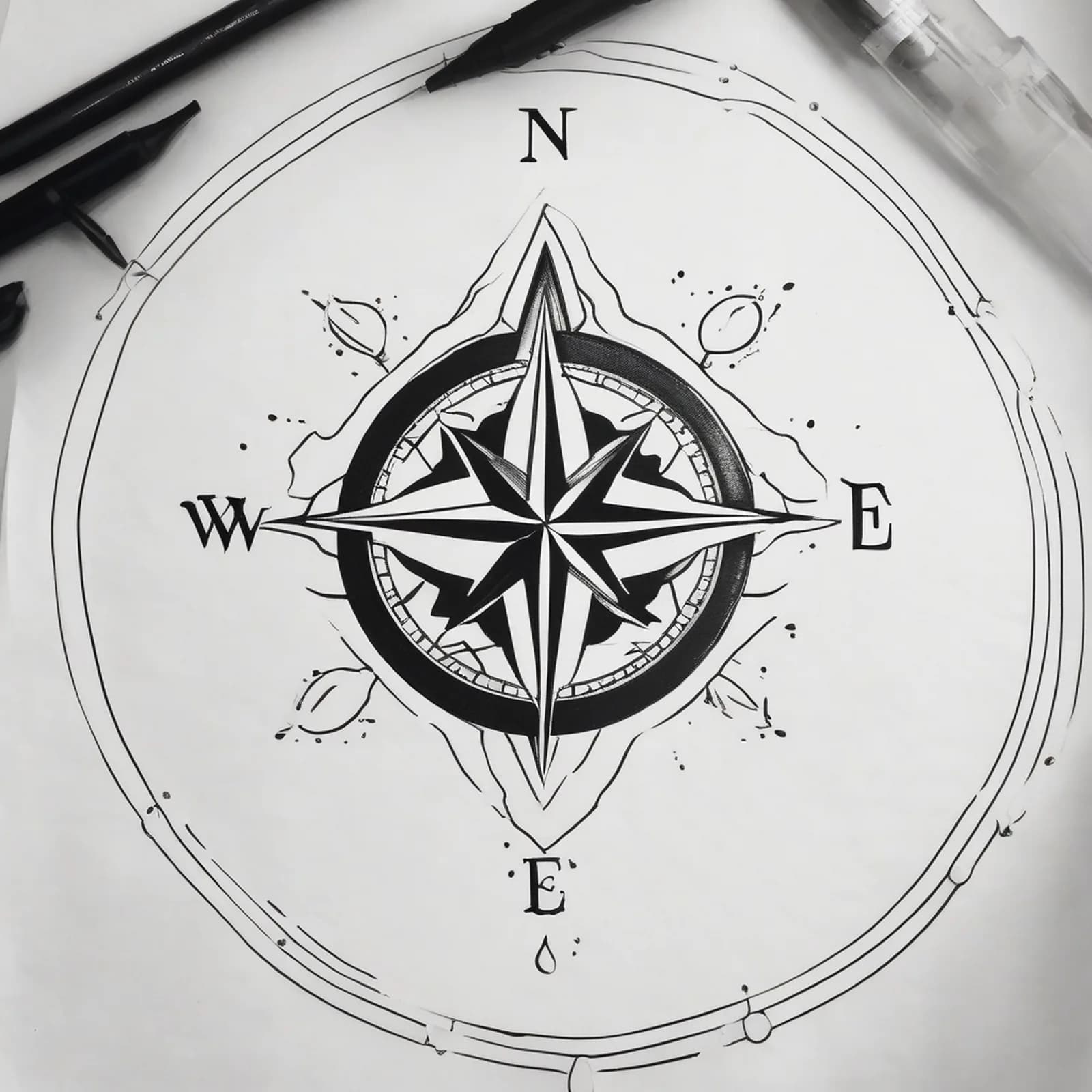 Compass And Water Drop tattoo design, alternative version 4