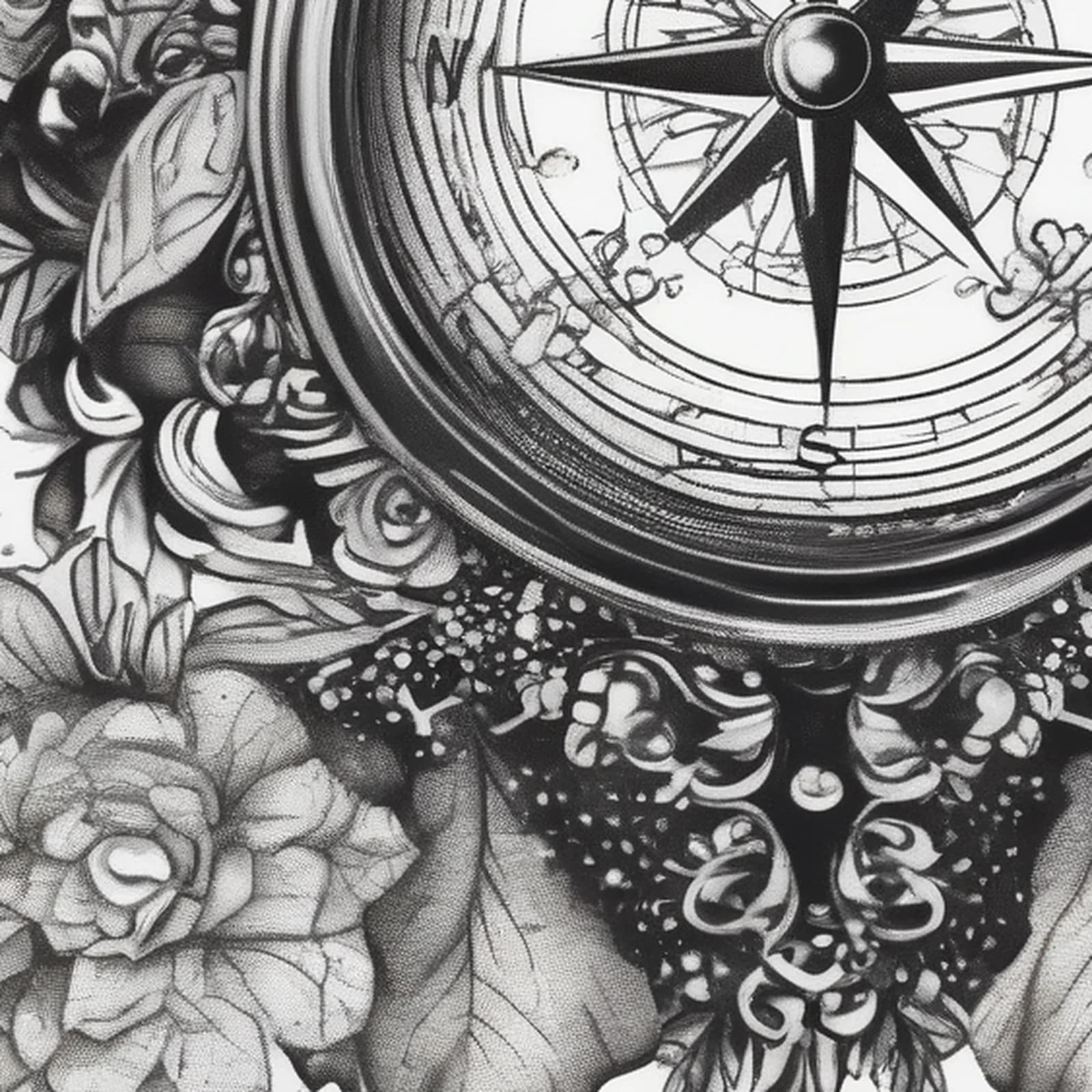 Compass And Waterfall tattoo design, close-up detail