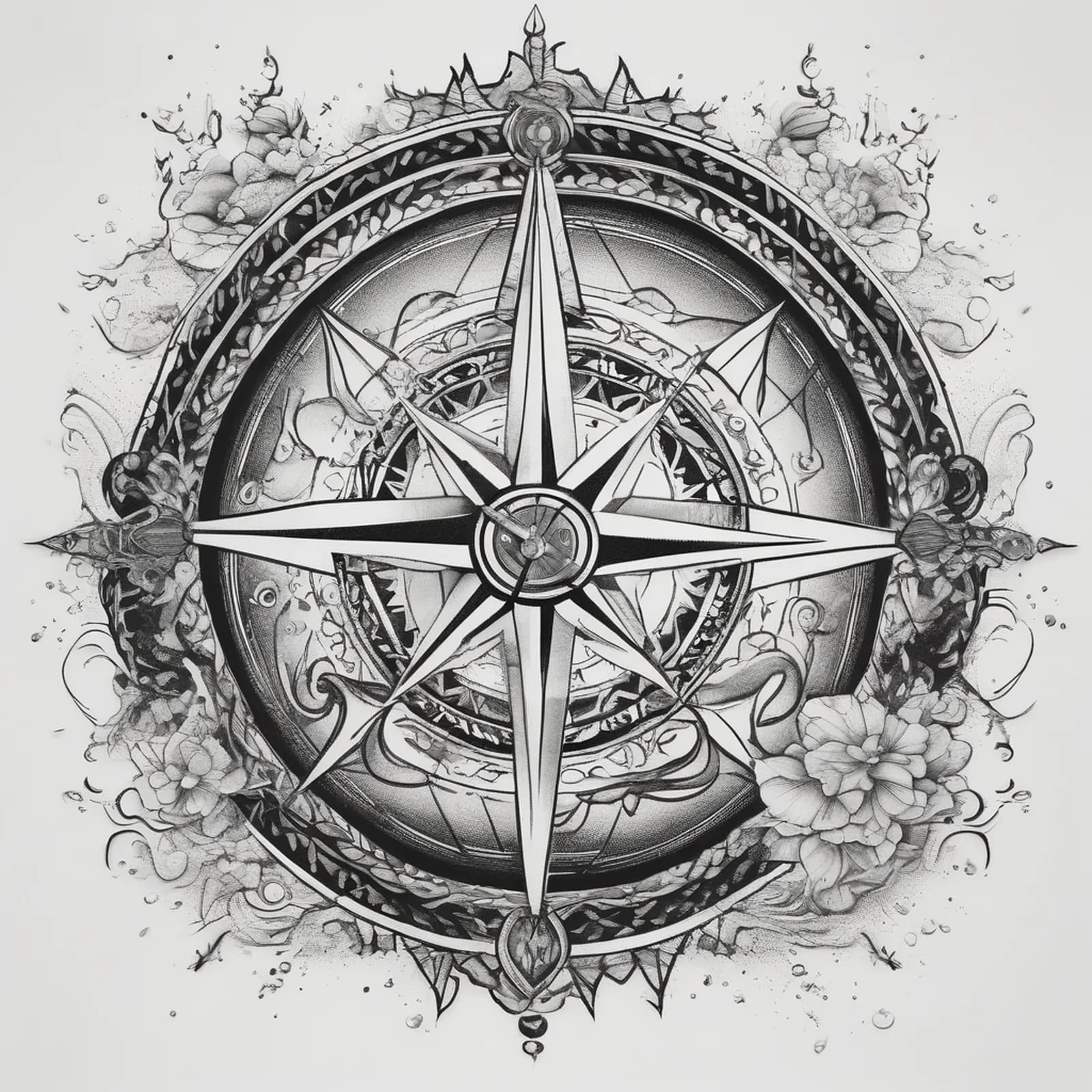 Compass And Waterfall tattoo design, alternative version 2