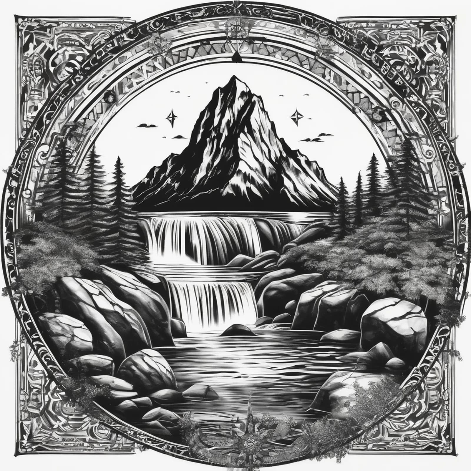 Compass And Waterfall tattoo design, alternative version 3