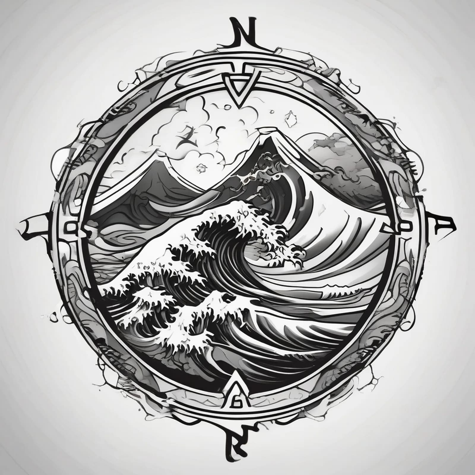 Compass And Wave tattoo design, alternative version 2
