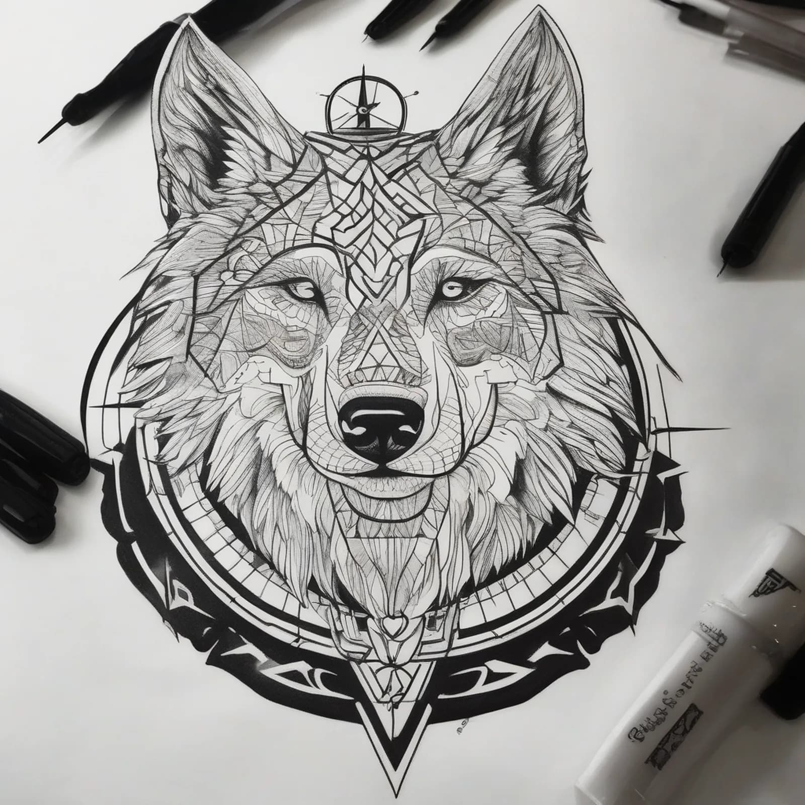 Compass And Wolf tattoo design, alternative version 2