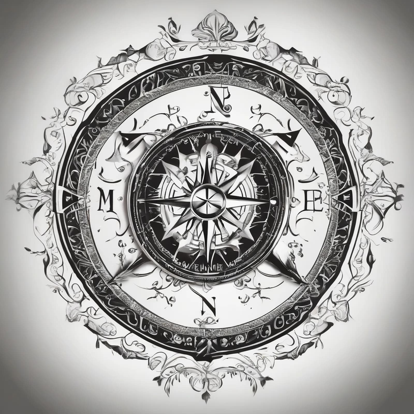 Compass And Zodiac Wheel tattoo design, alternative version 3