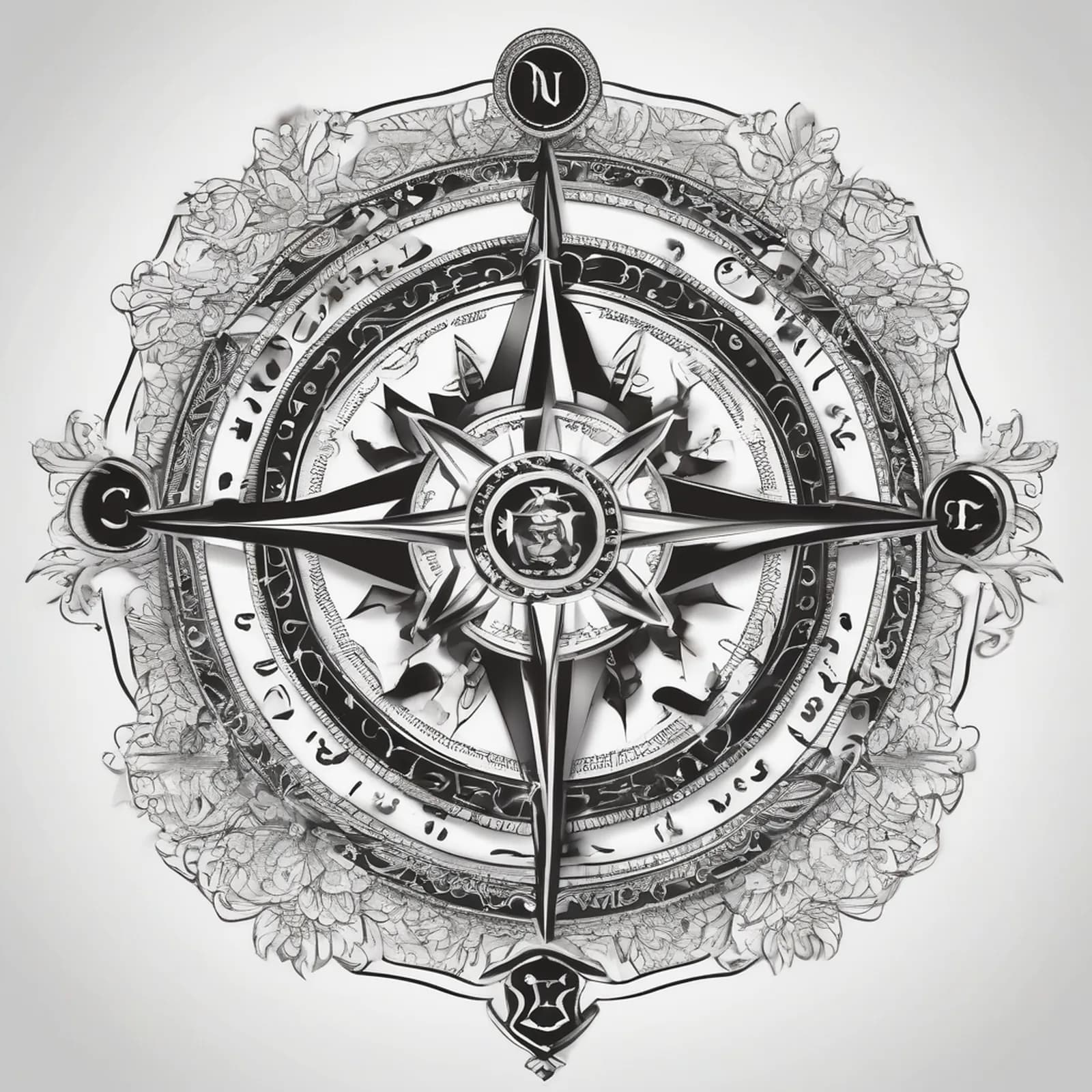 Compass And Zodiac Wheel tattoo design, alternative version 4