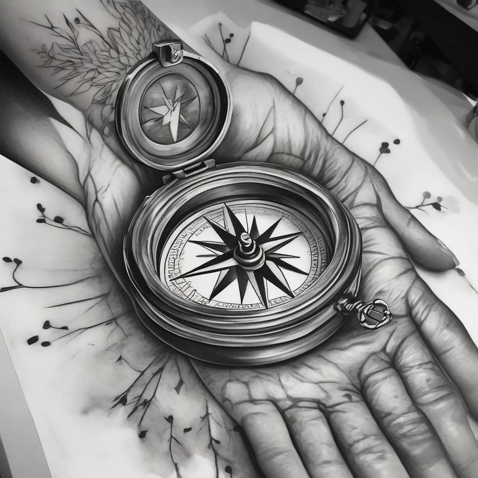 Compass Held In Hands tattoo design, alternative version 3