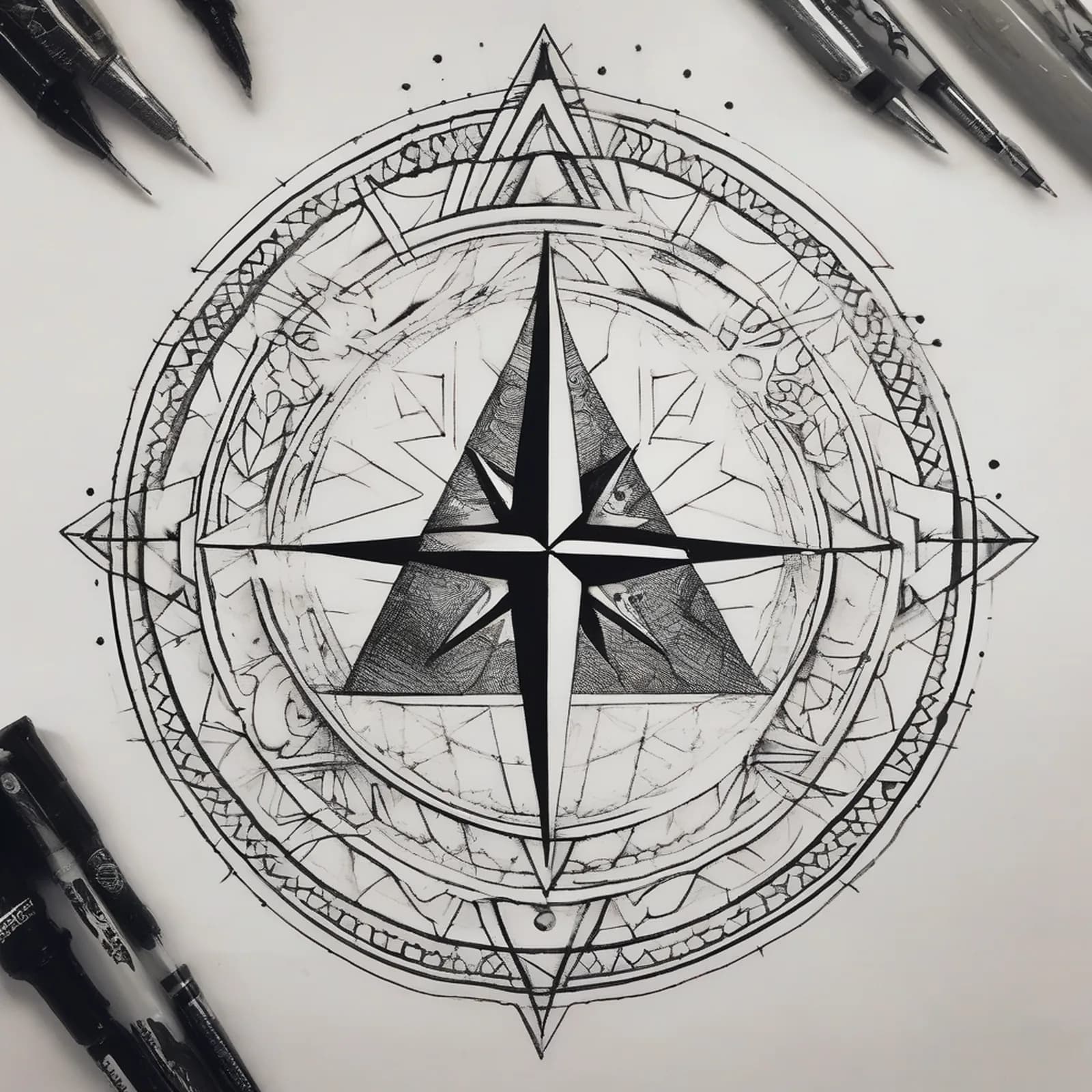 Compass Inside A Triangle tattoo design, alternative version 2
