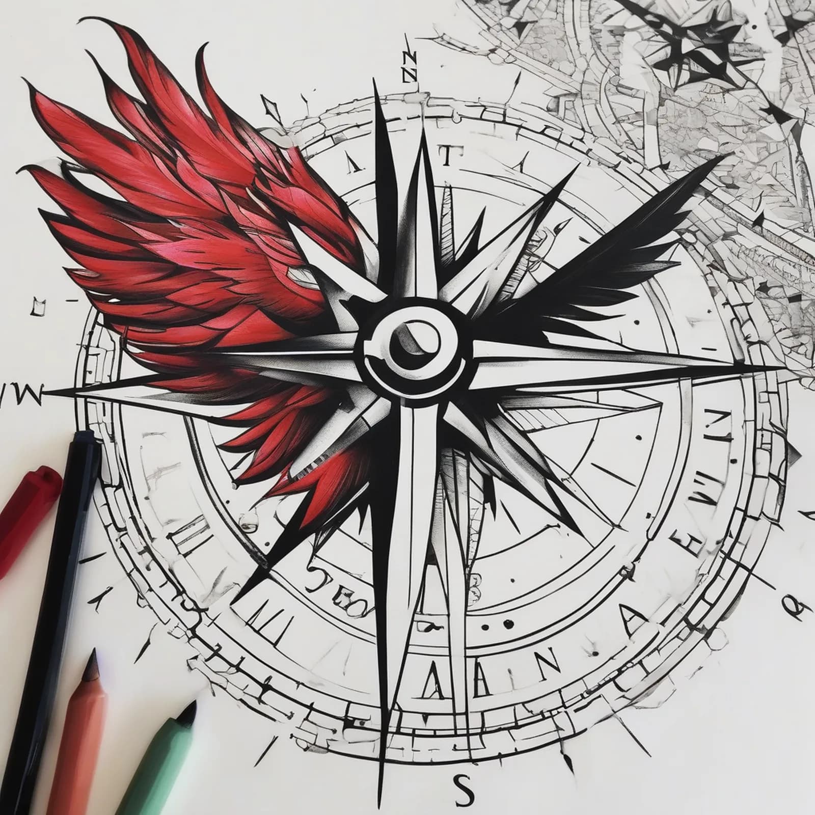 Compass On The Finger tattoo design, alternative version 2
