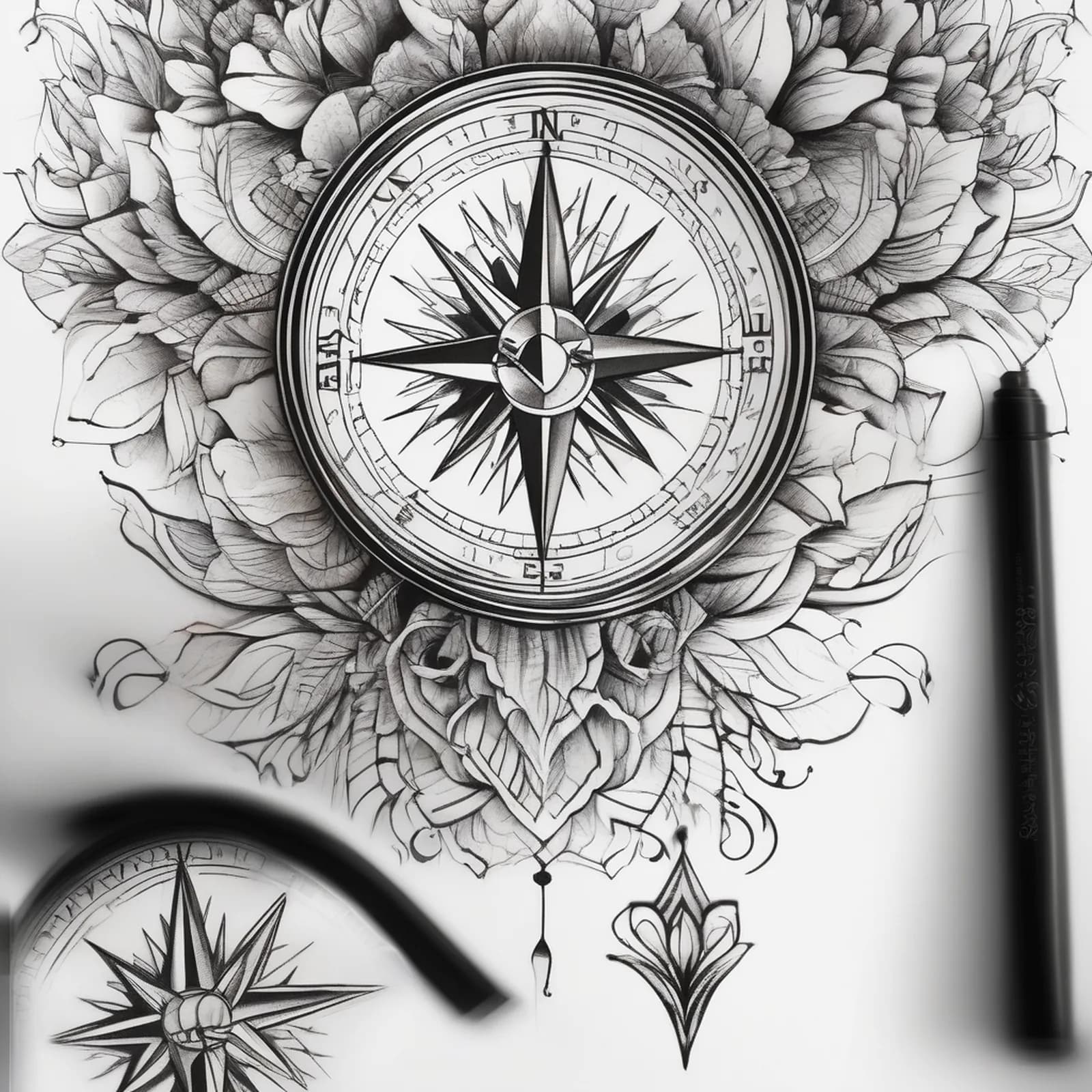 Compass On The Ribs tattoo design, alternative version 3