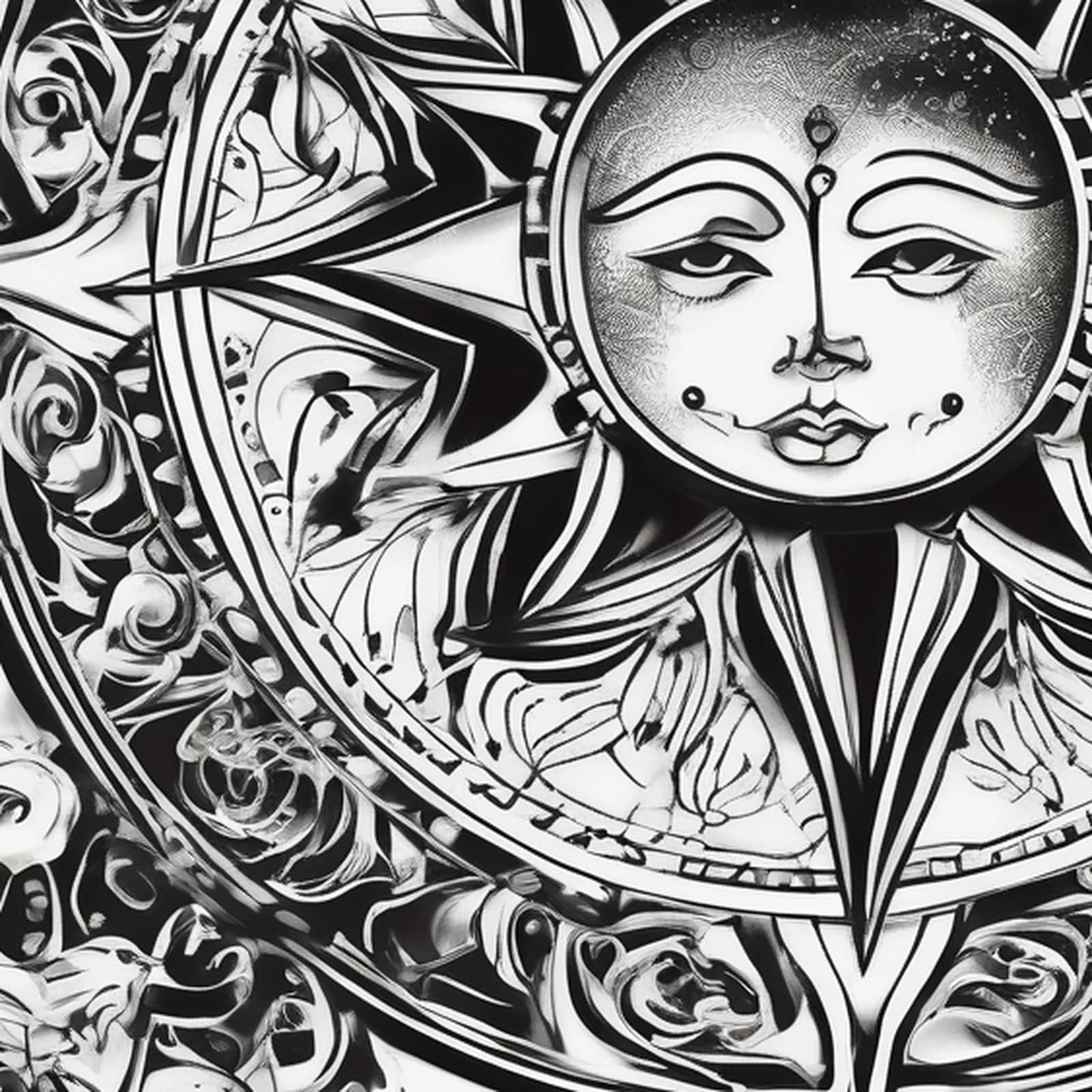 Compass Sun And Moon tattoo design, close-up detail