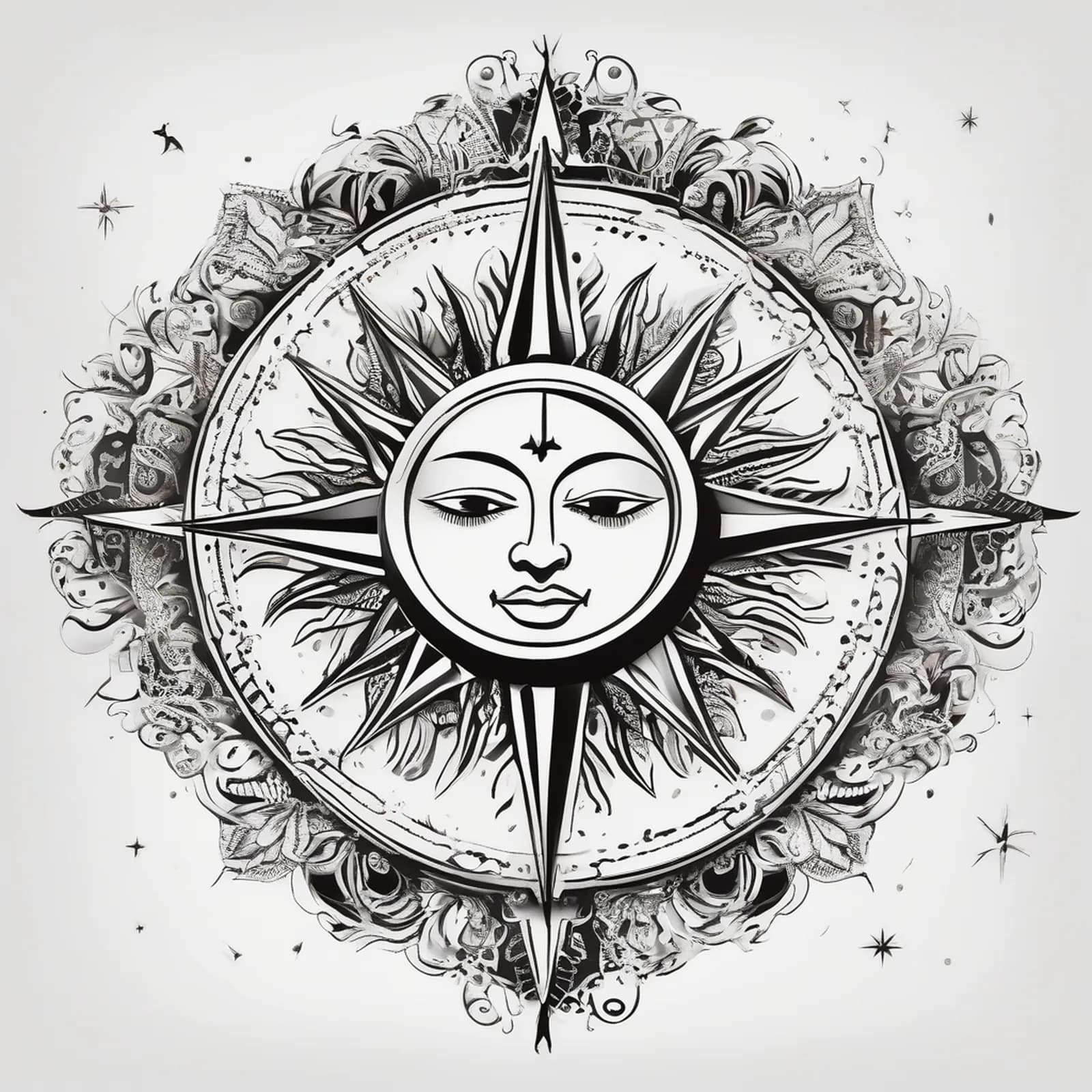 Compass Sun And Moon tattoo design, alternative version 3