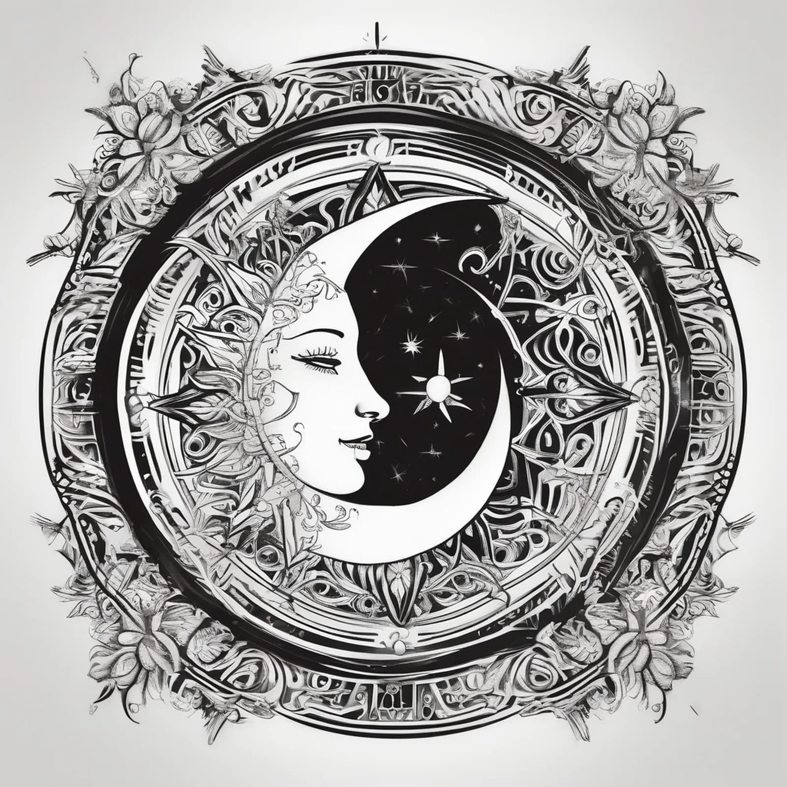 Compass Sun And Moon tattoo design, alternative version 4