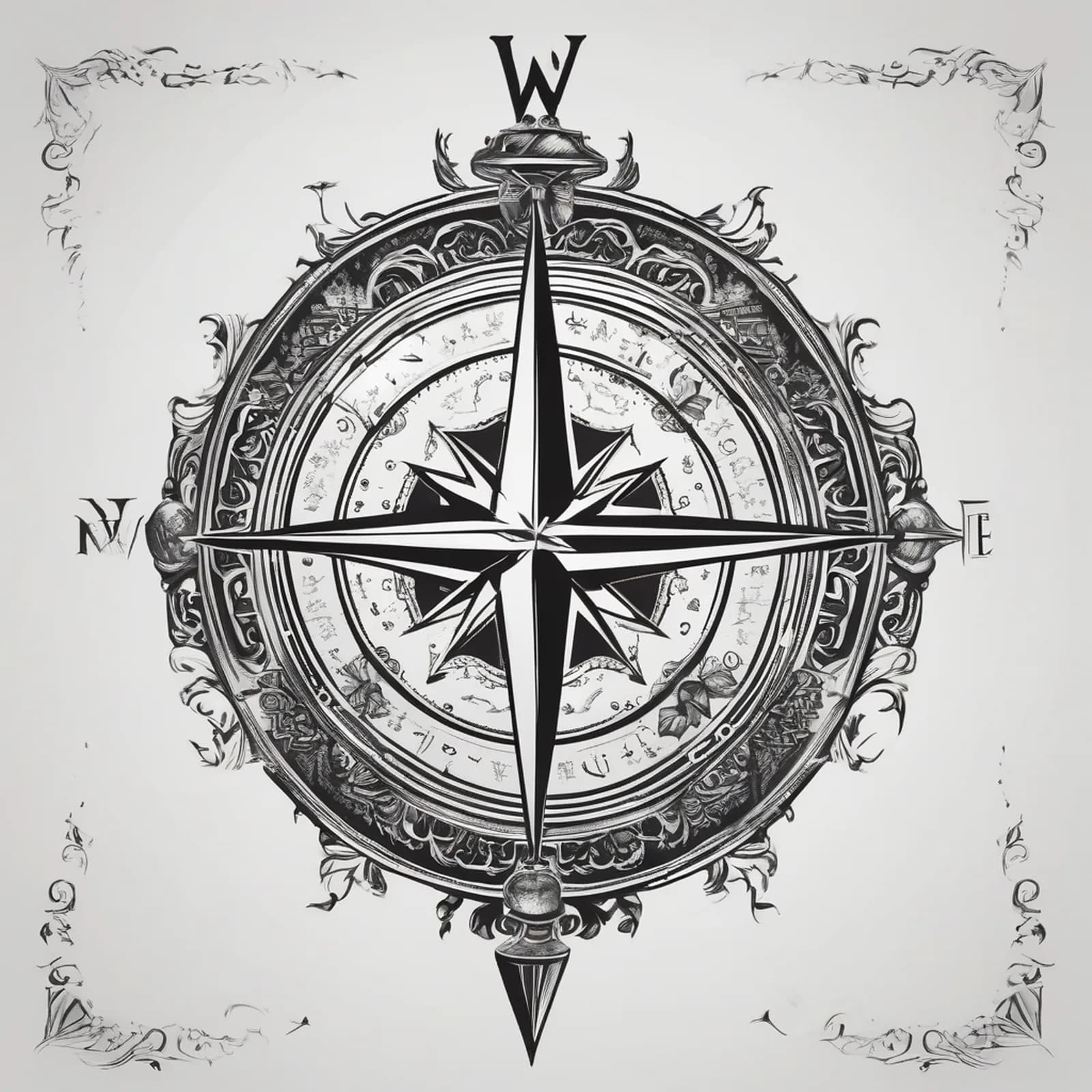 Compass With Cardinal Letters tattoo design, alternative version 4