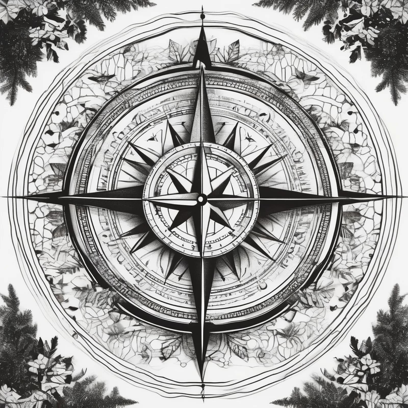 Compass With Forest Inside tattoo design, alternative version 2
