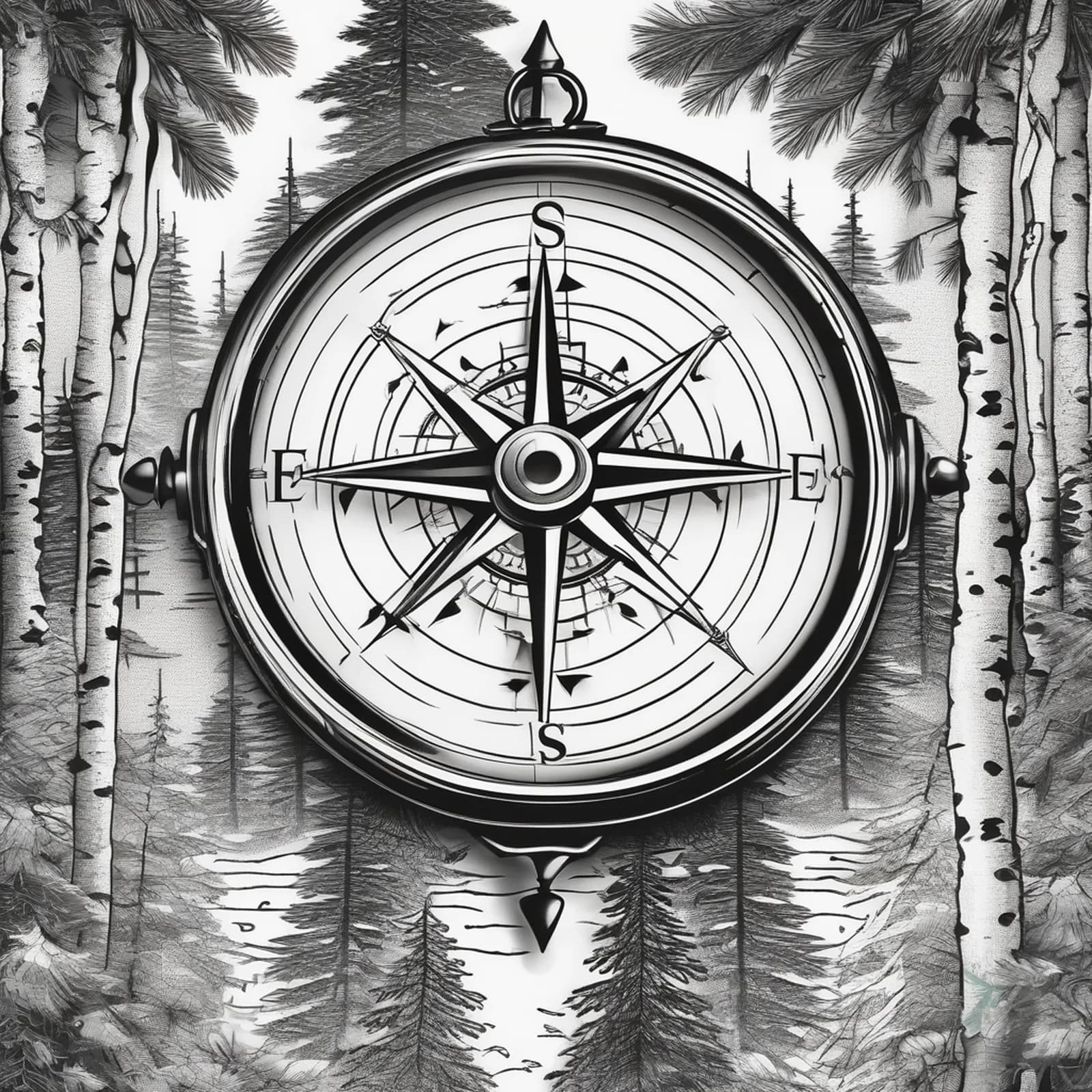 Compass With Forest Inside tattoo design, alternative version 3