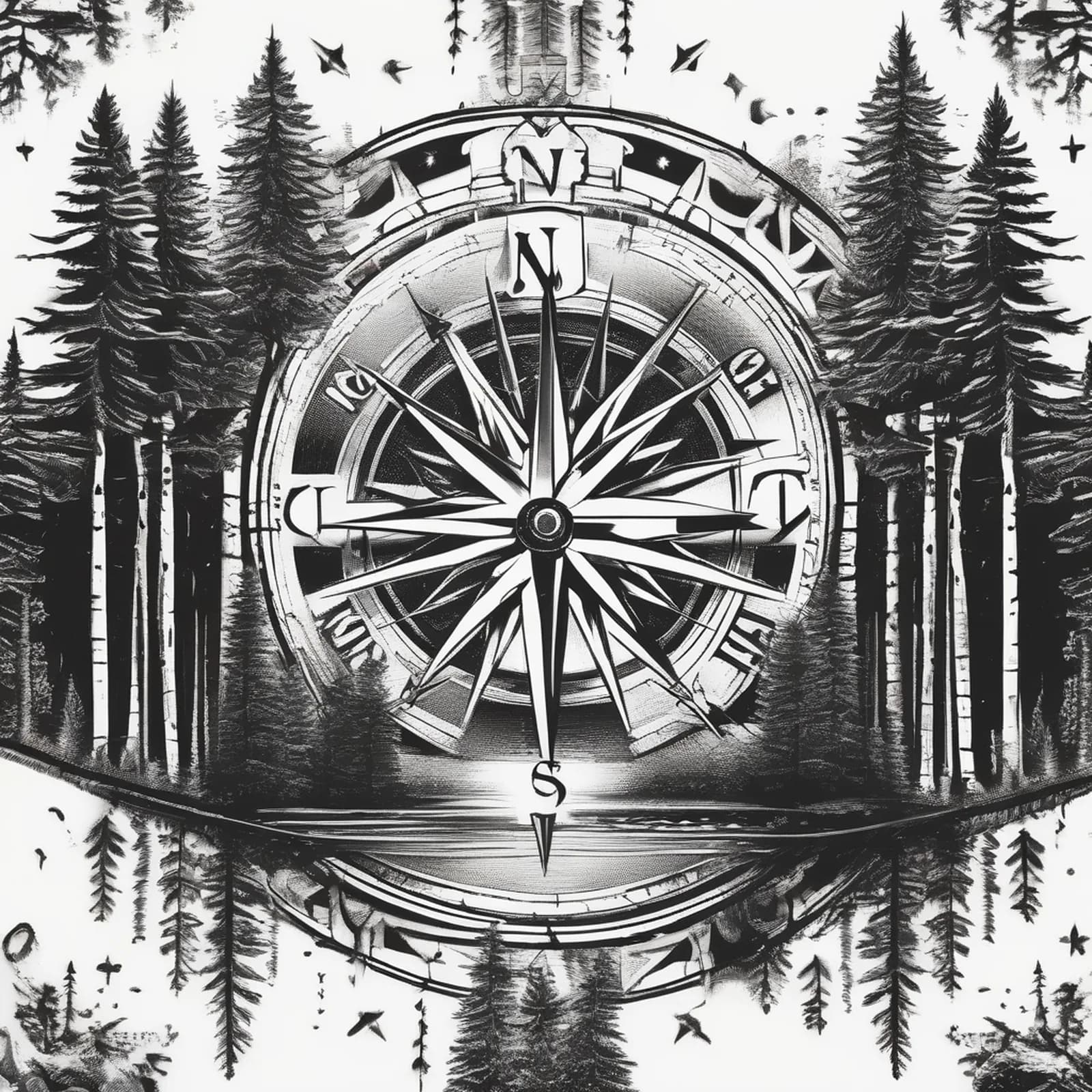 Compass With Forest Inside tattoo design, alternative version 4