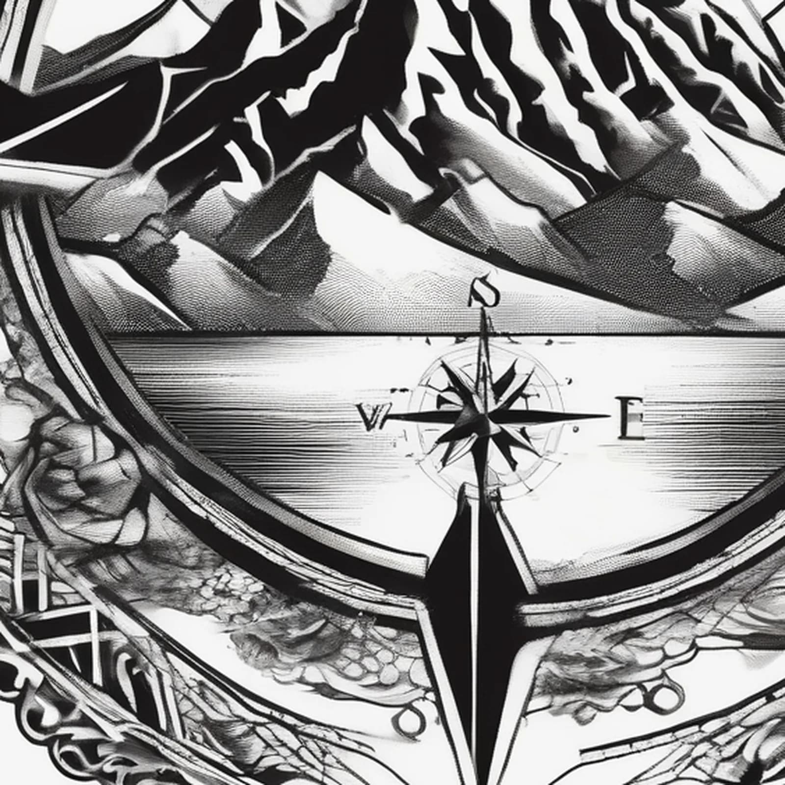 Compass With Mountains Inside tattoo design, close-up detail