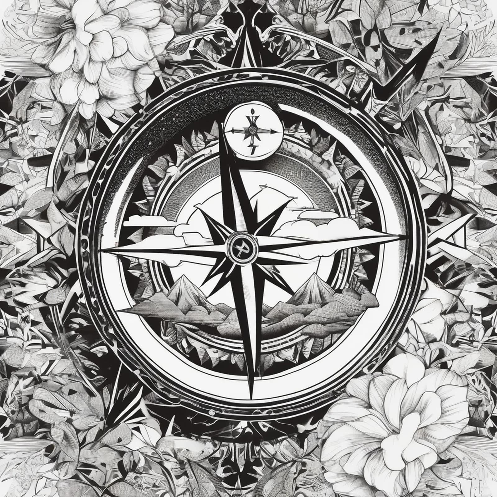 Compass With Mountains Inside tattoo design, alternative version 3