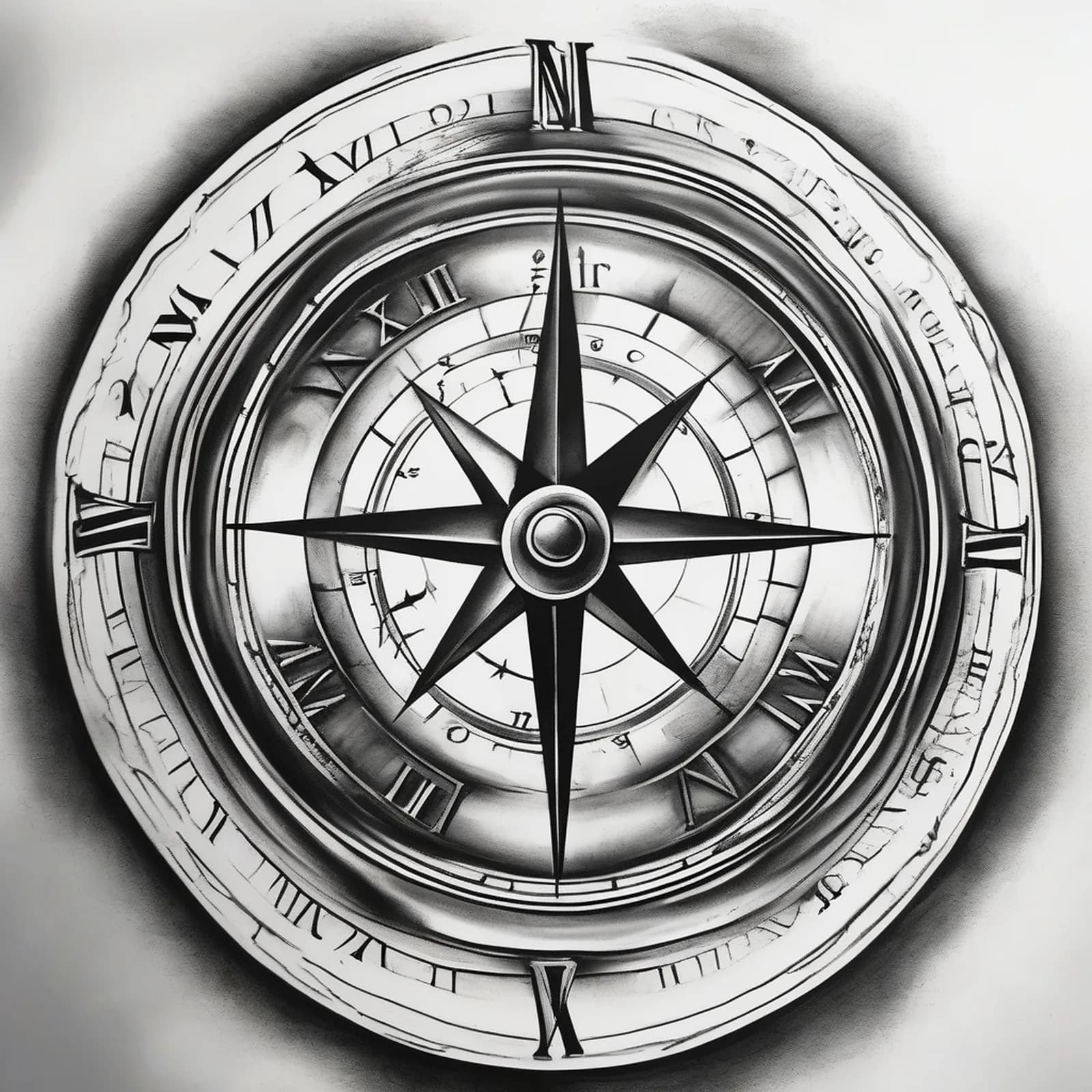 Compass With Roman Numerals tattoo design, alternative version 2