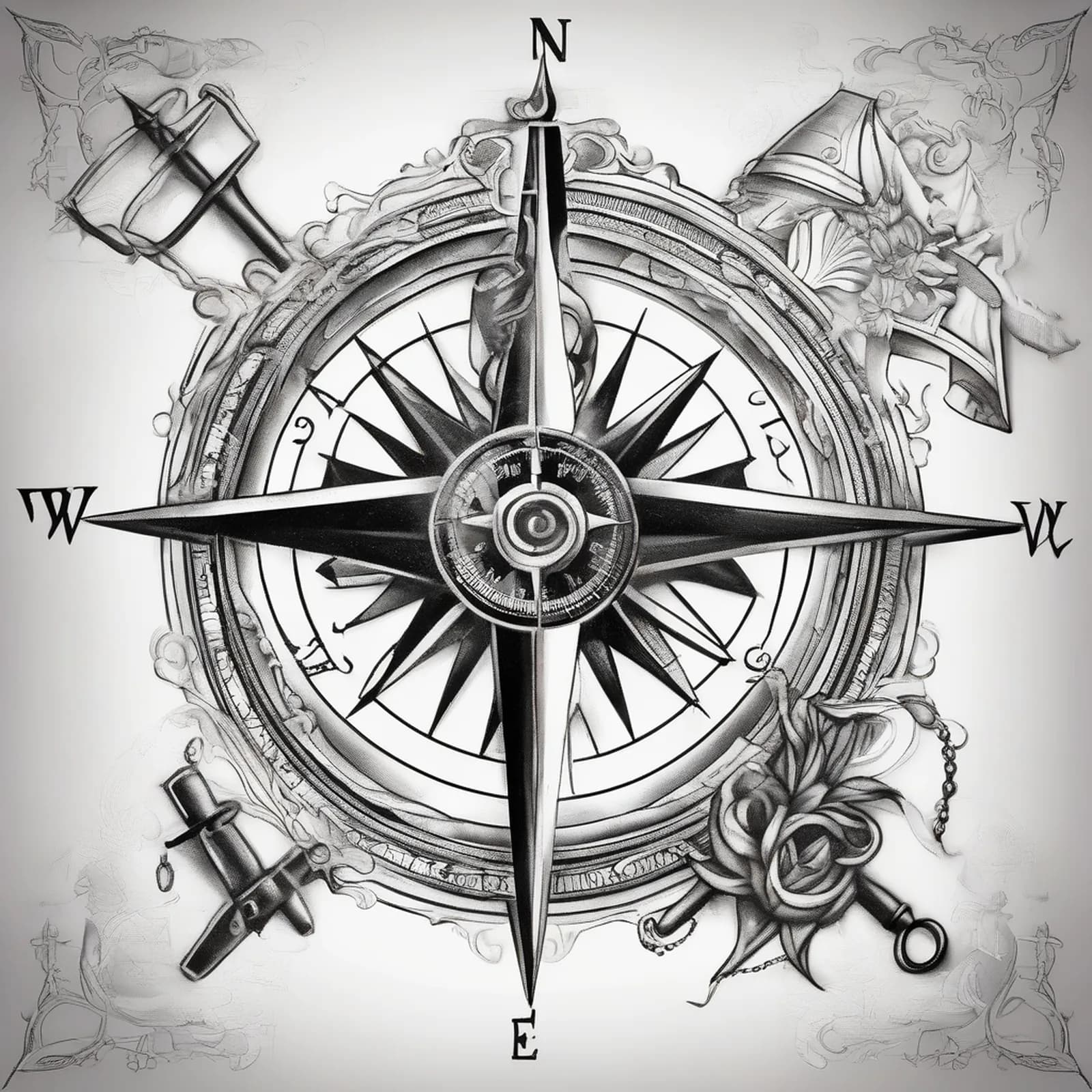 Compass With Sextant tattoo design, alternative version 3