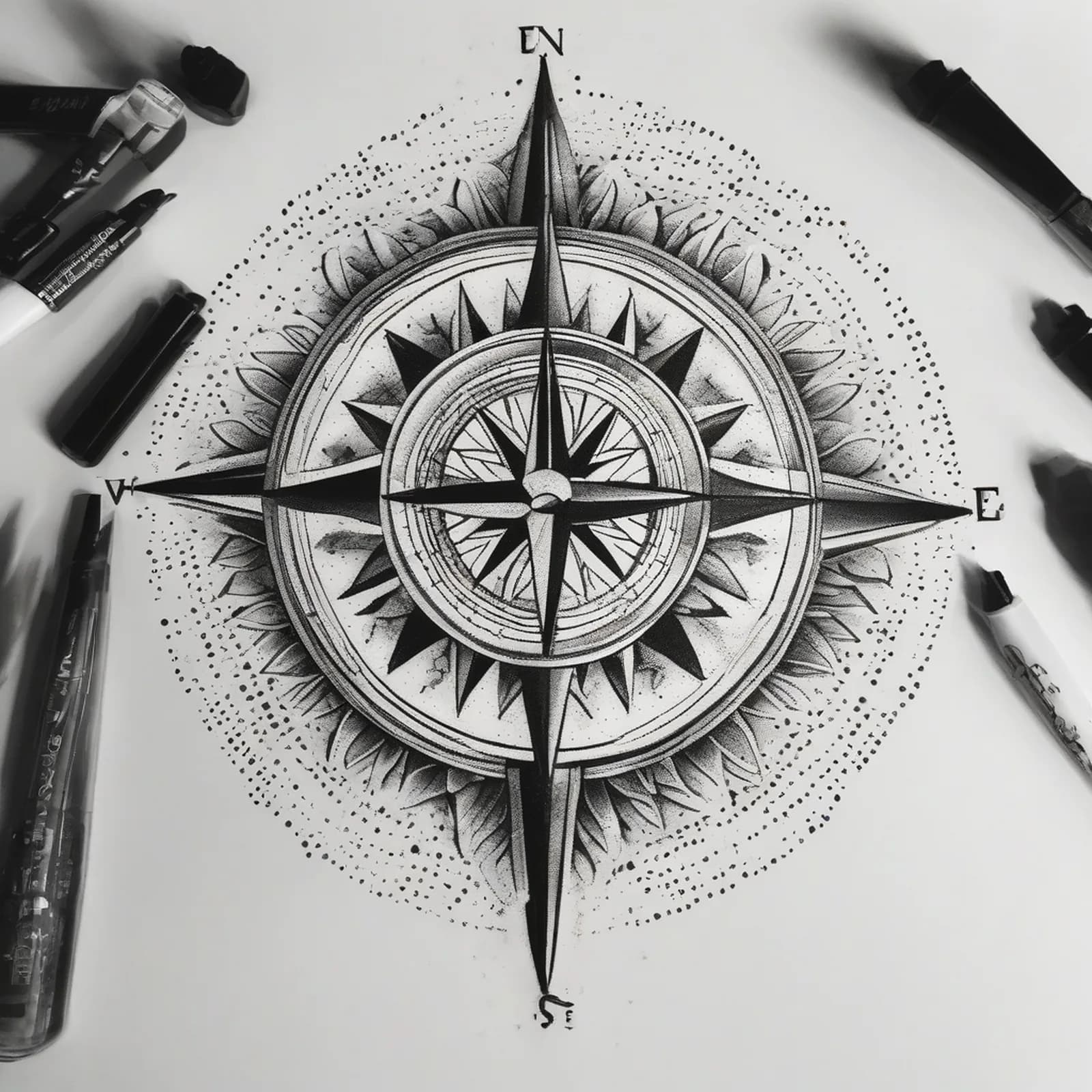 Dotwork Compass tattoo design, alternative version 3