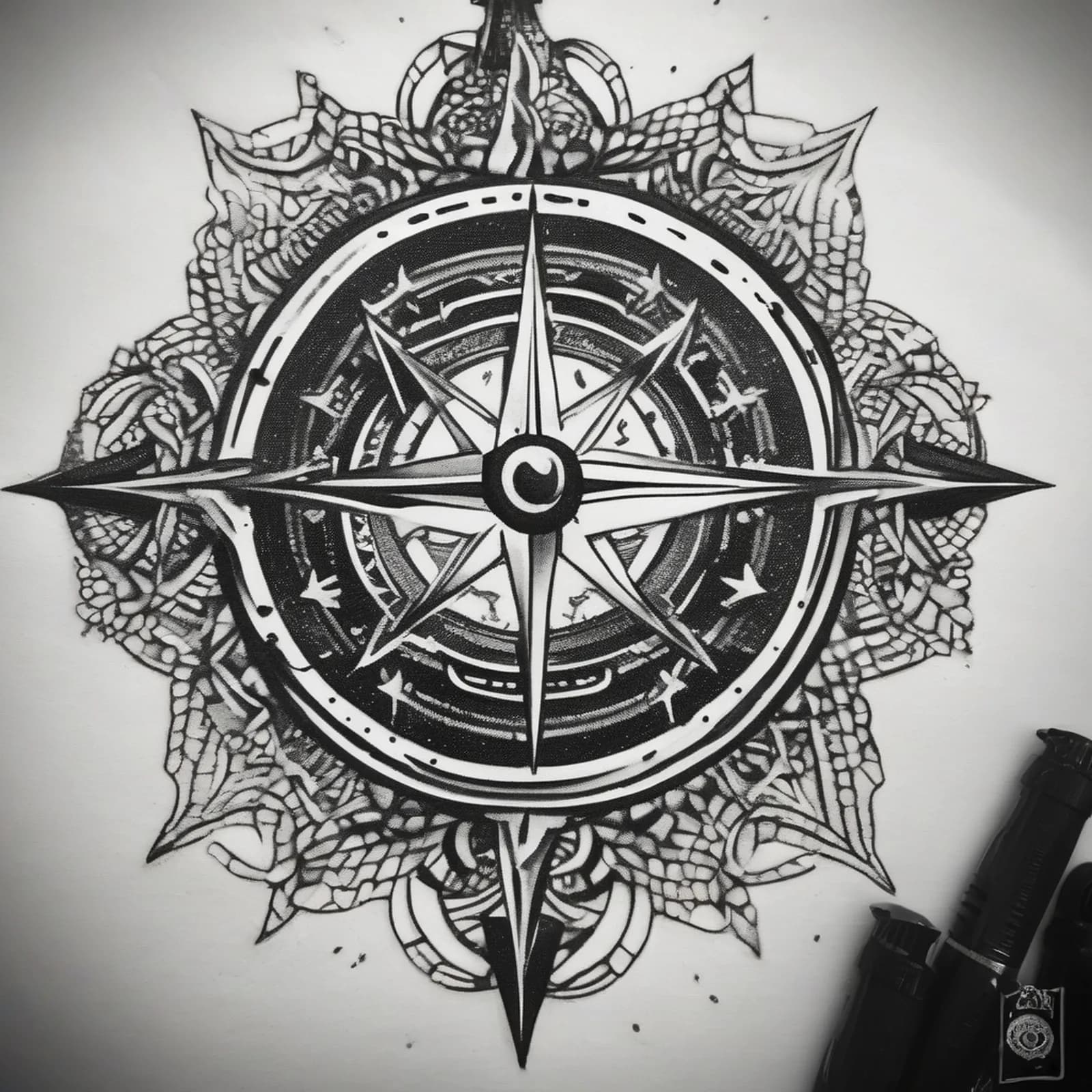 Dotwork Compass tattoo design, alternative version 4
