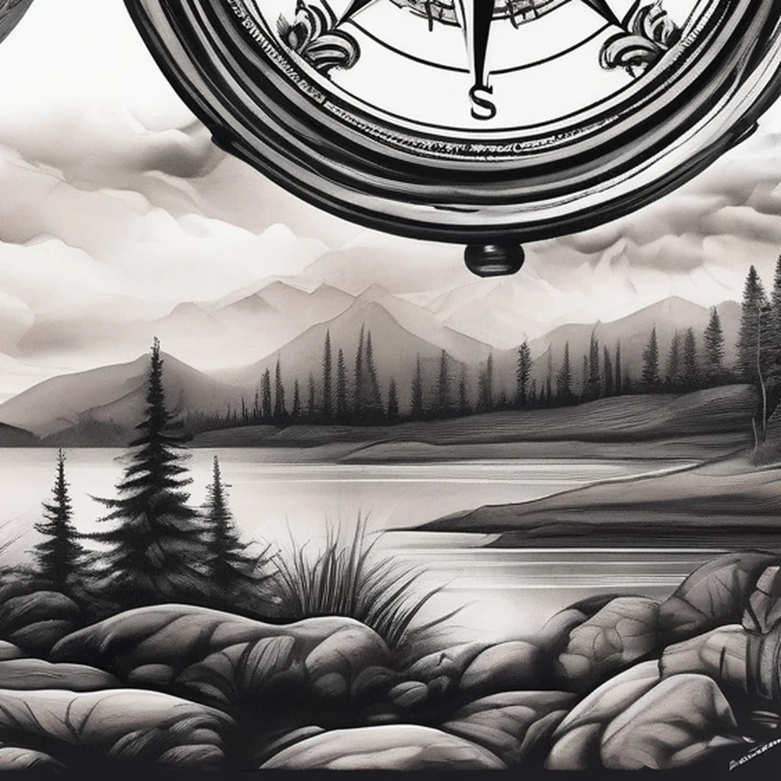 Double Exposure Compass tattoo design, close-up detail