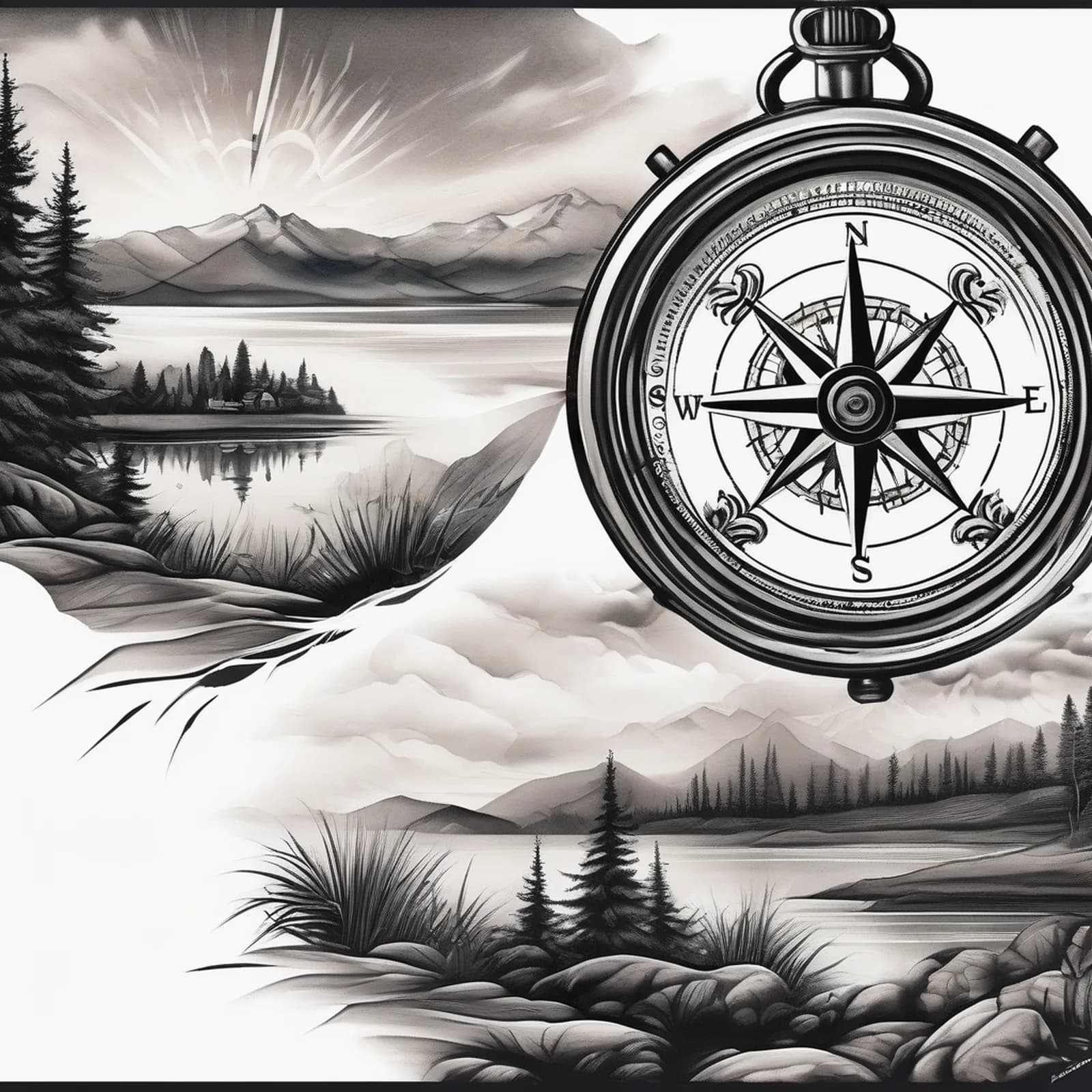 Double Exposure Compass tattoo design