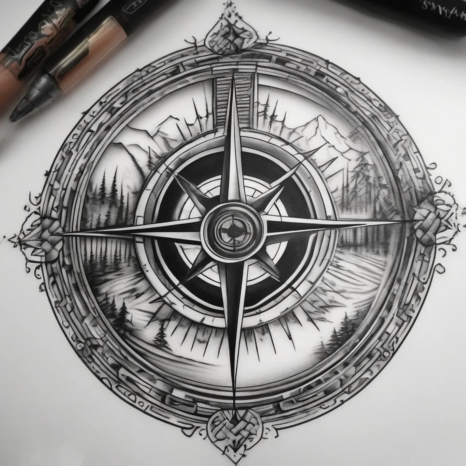 Double Exposure Compass tattoo design, alternative version 2