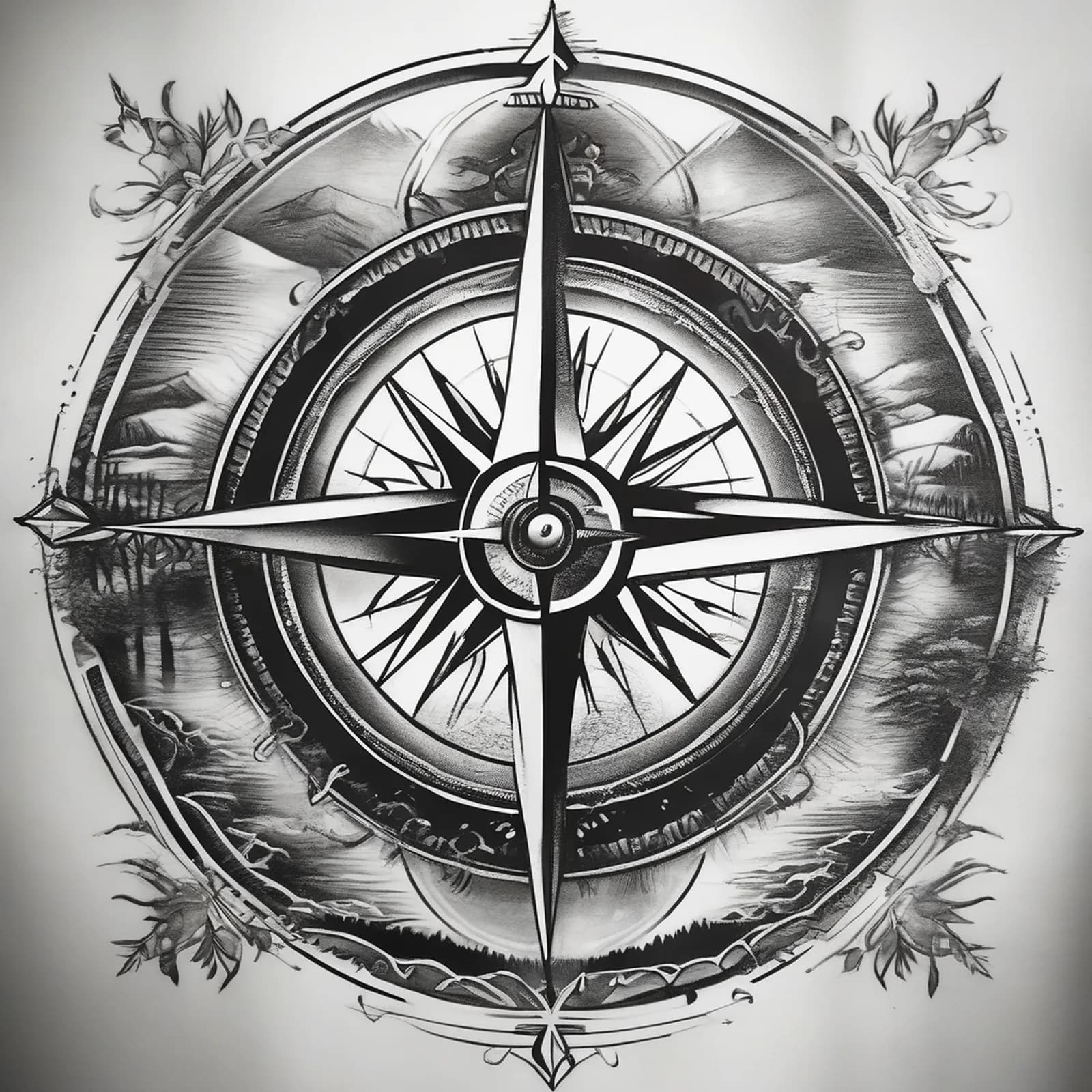 Double Exposure Compass tattoo design, alternative version 4
