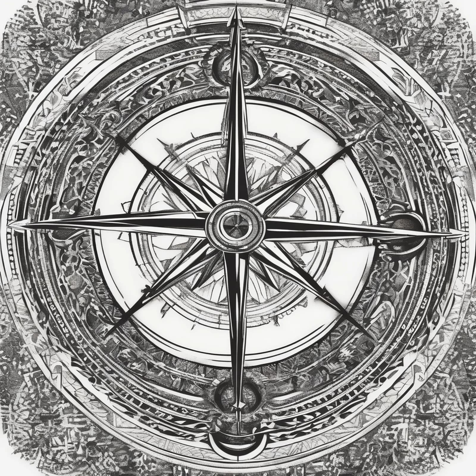 Engraved Compass tattoo design, alternative version 2