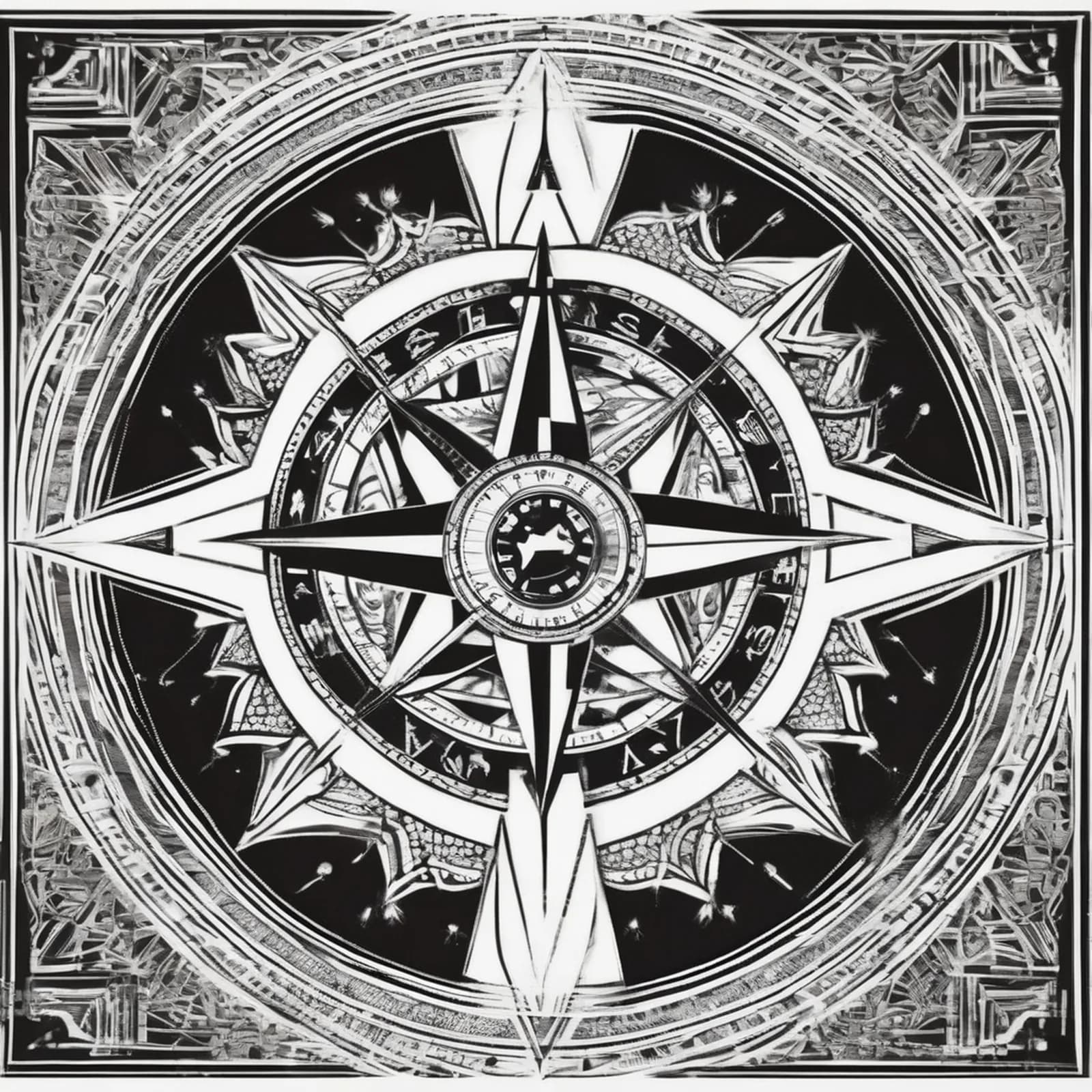 Engraved Compass tattoo design, alternative version 3