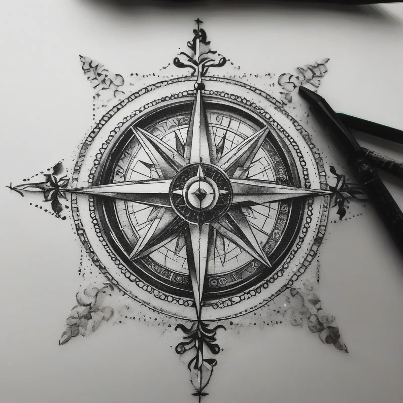 Engraved Compass tattoo design, alternative version 4