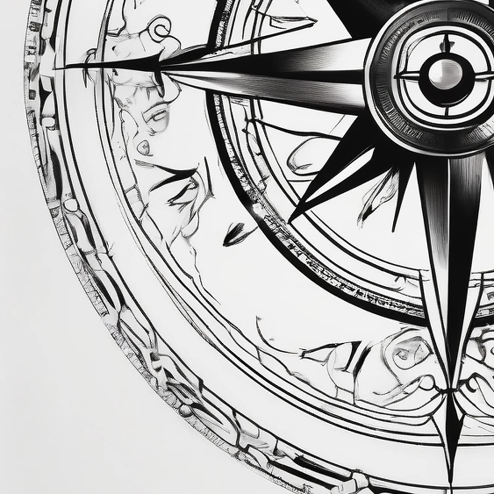 Fine Line Compass tattoo design, close-up detail