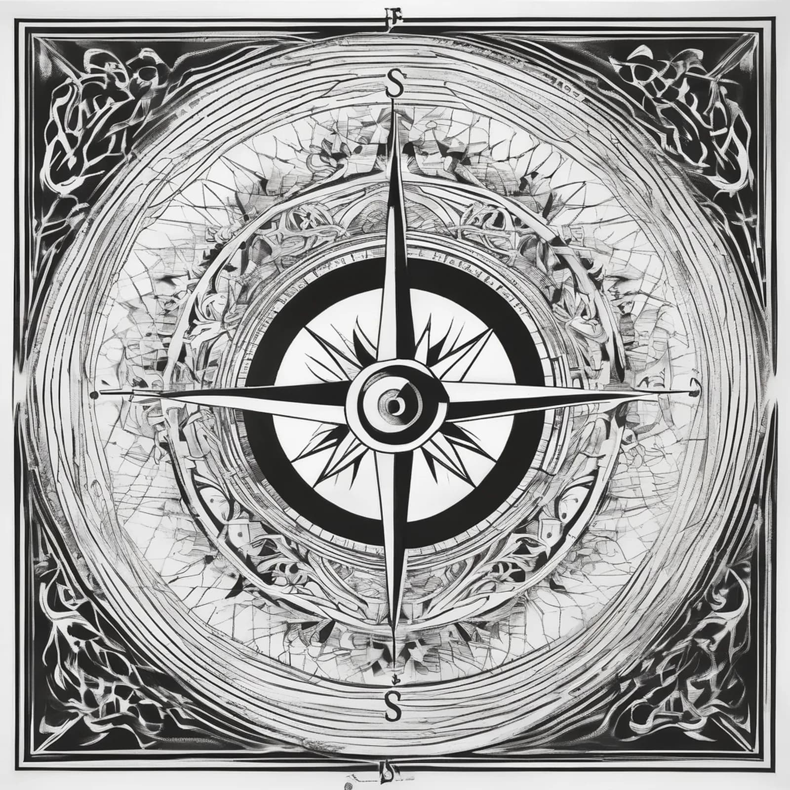 Fine Line Compass tattoo design, alternative version 3