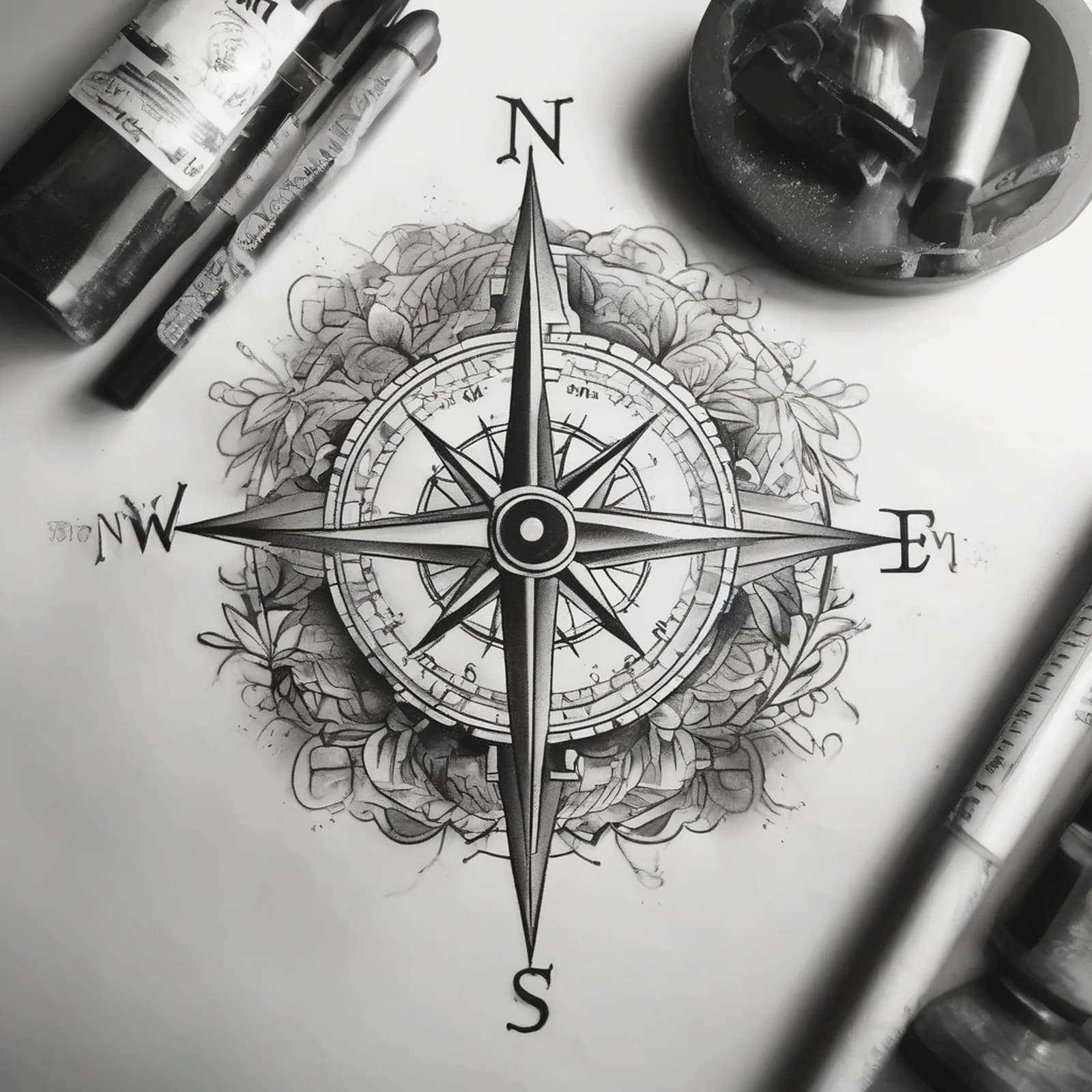 Half Compass Half Map tattoo design, alternative version 4