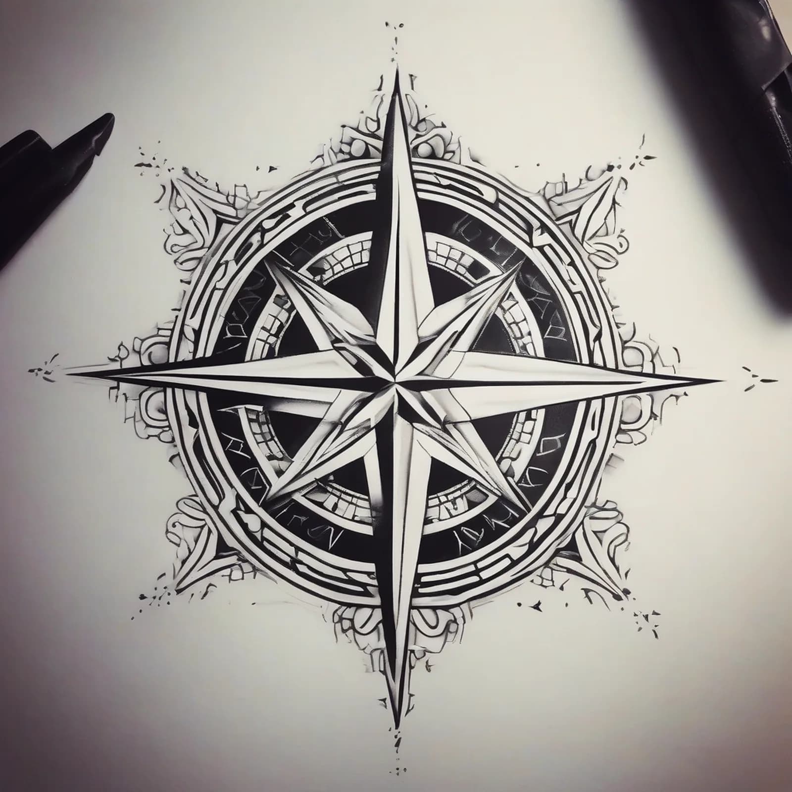 Negative Space Compass tattoo design, alternative version 3