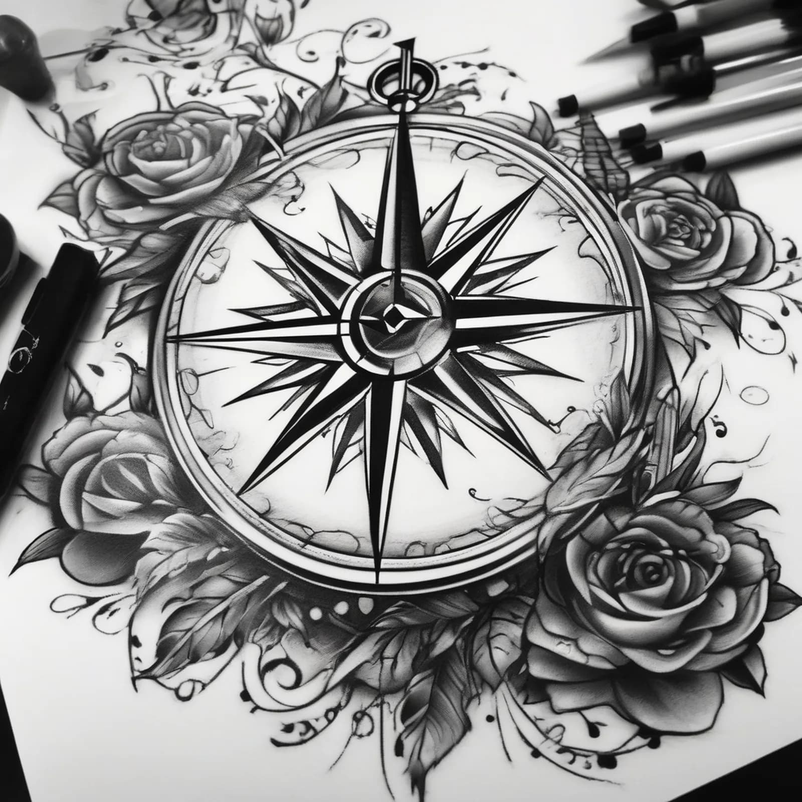 Never Lost Compass tattoo design, alternative version 3