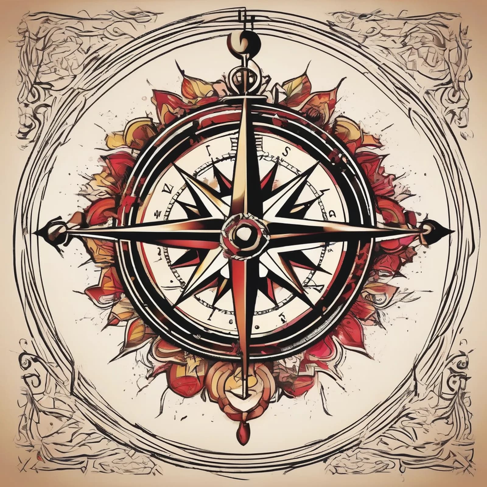 Old School Compass tattoo design, alternative version 2