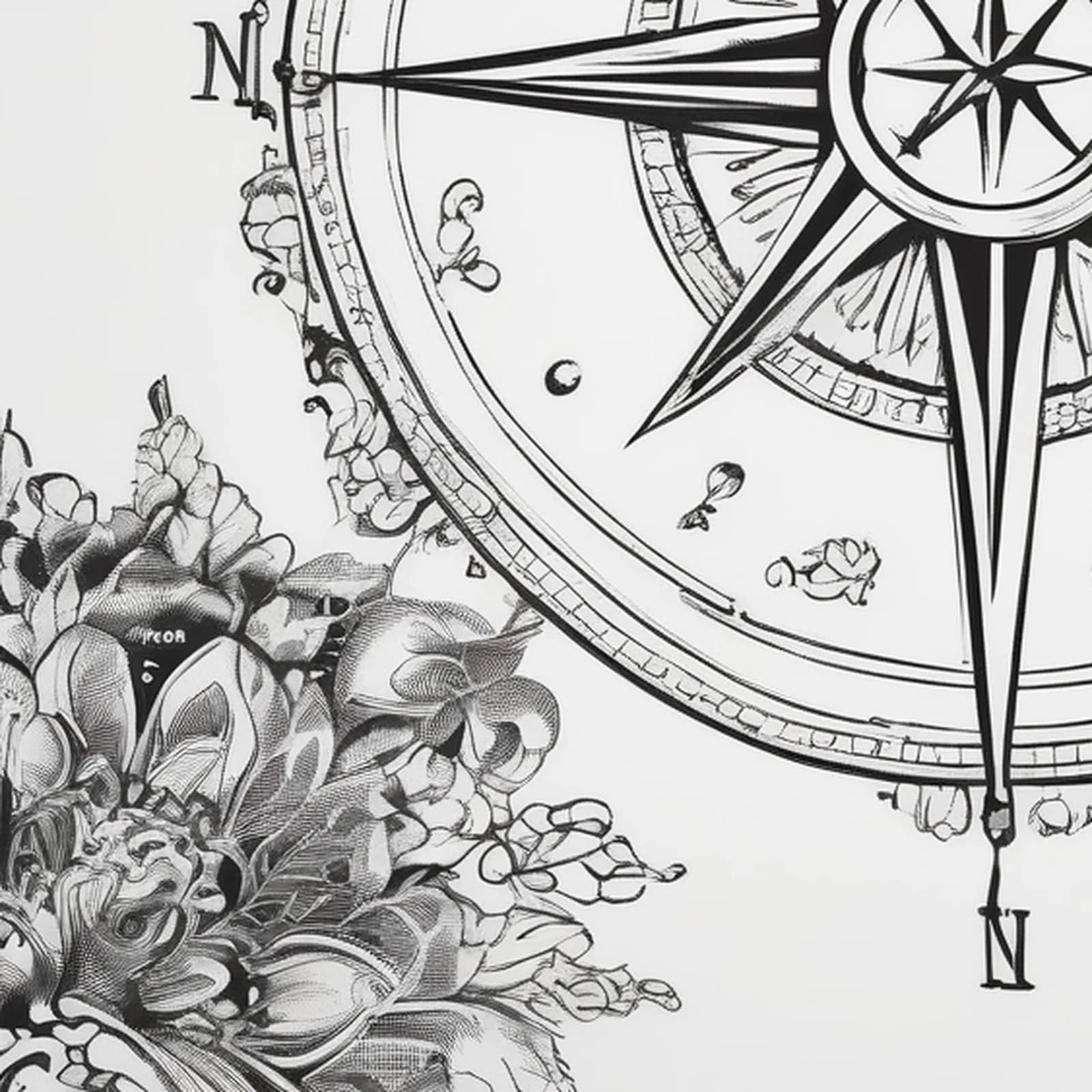 Ornamental Compass tattoo design, close-up detail