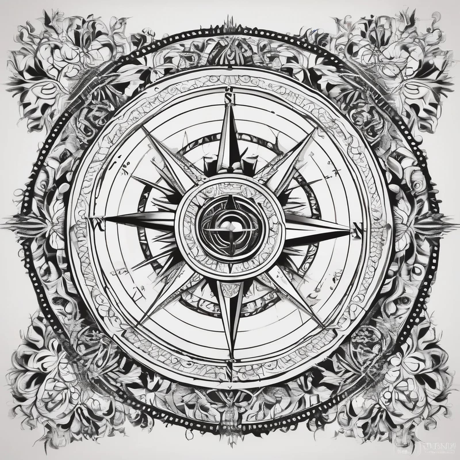 Ornamental Compass tattoo design, alternative version 3