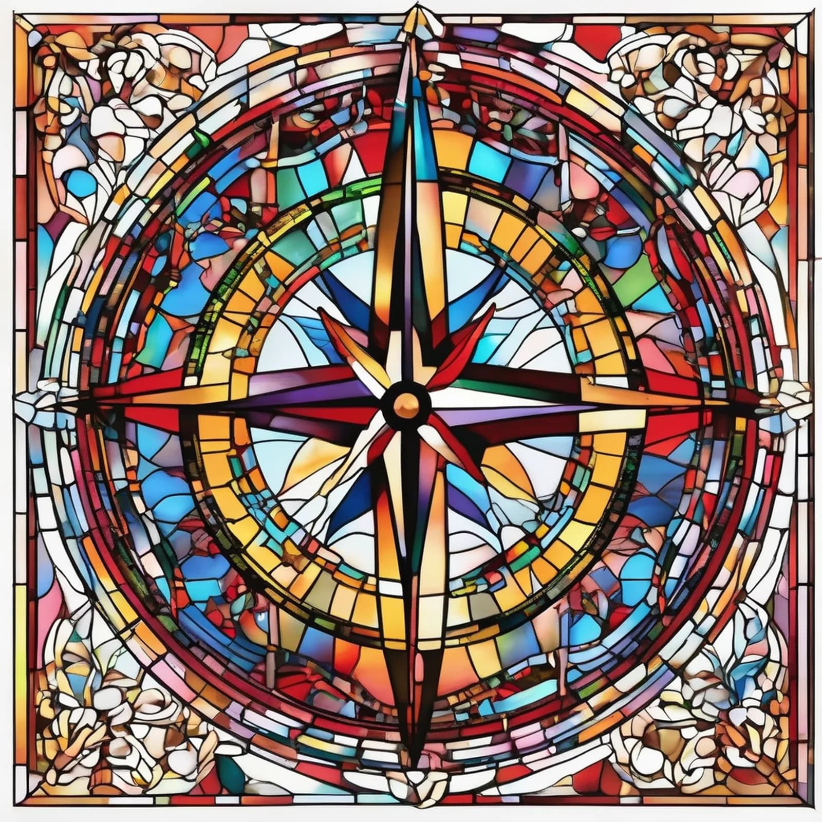 Stained Glass Compass tattoo design, alternative version 3