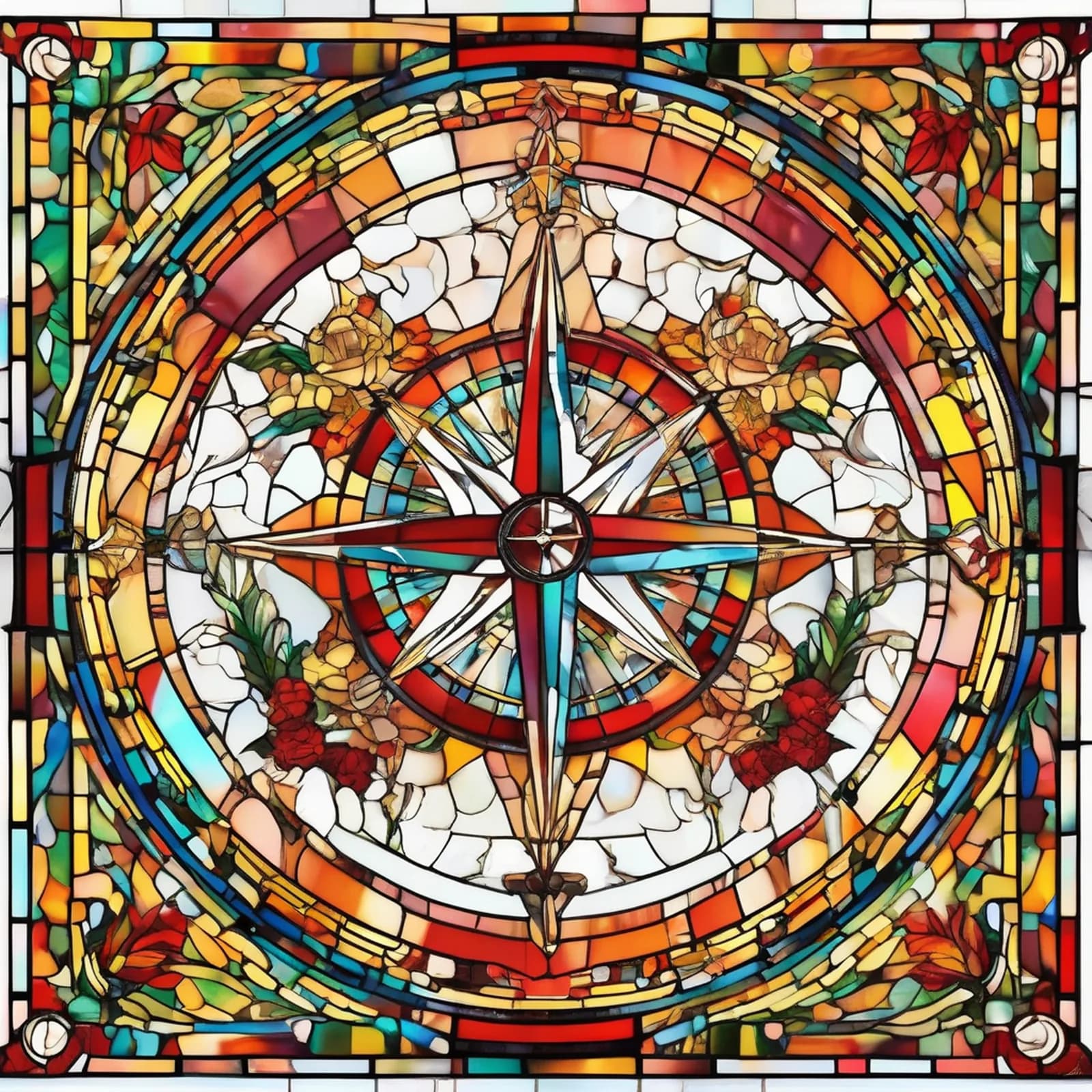 Stained Glass Compass tattoo design, alternative version 4